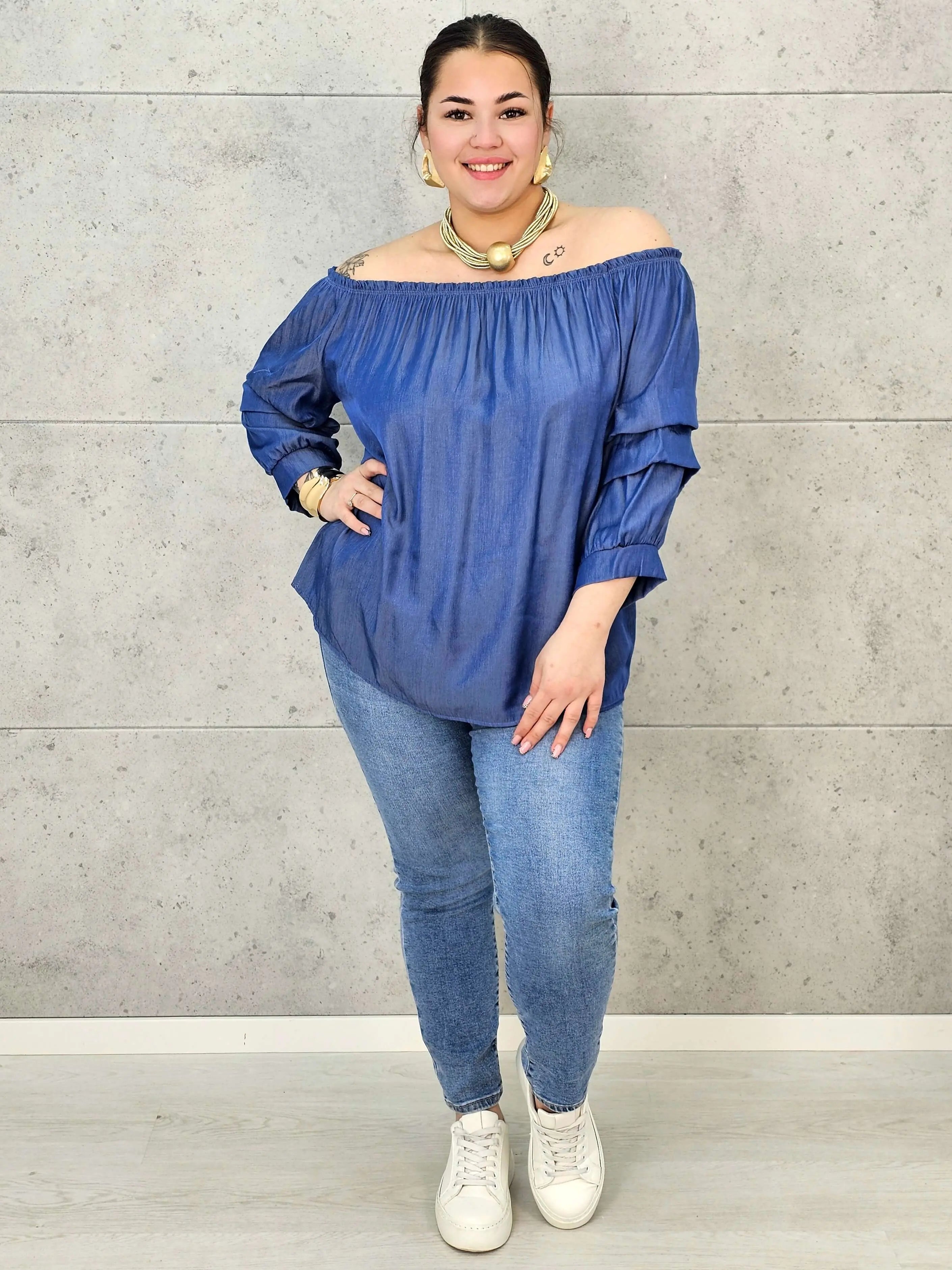Bluzka Jeansowa Hiszpanka Plus Size – Luźny Krój, Rękaw 3/4, Wygoda XXL Stylowa XL