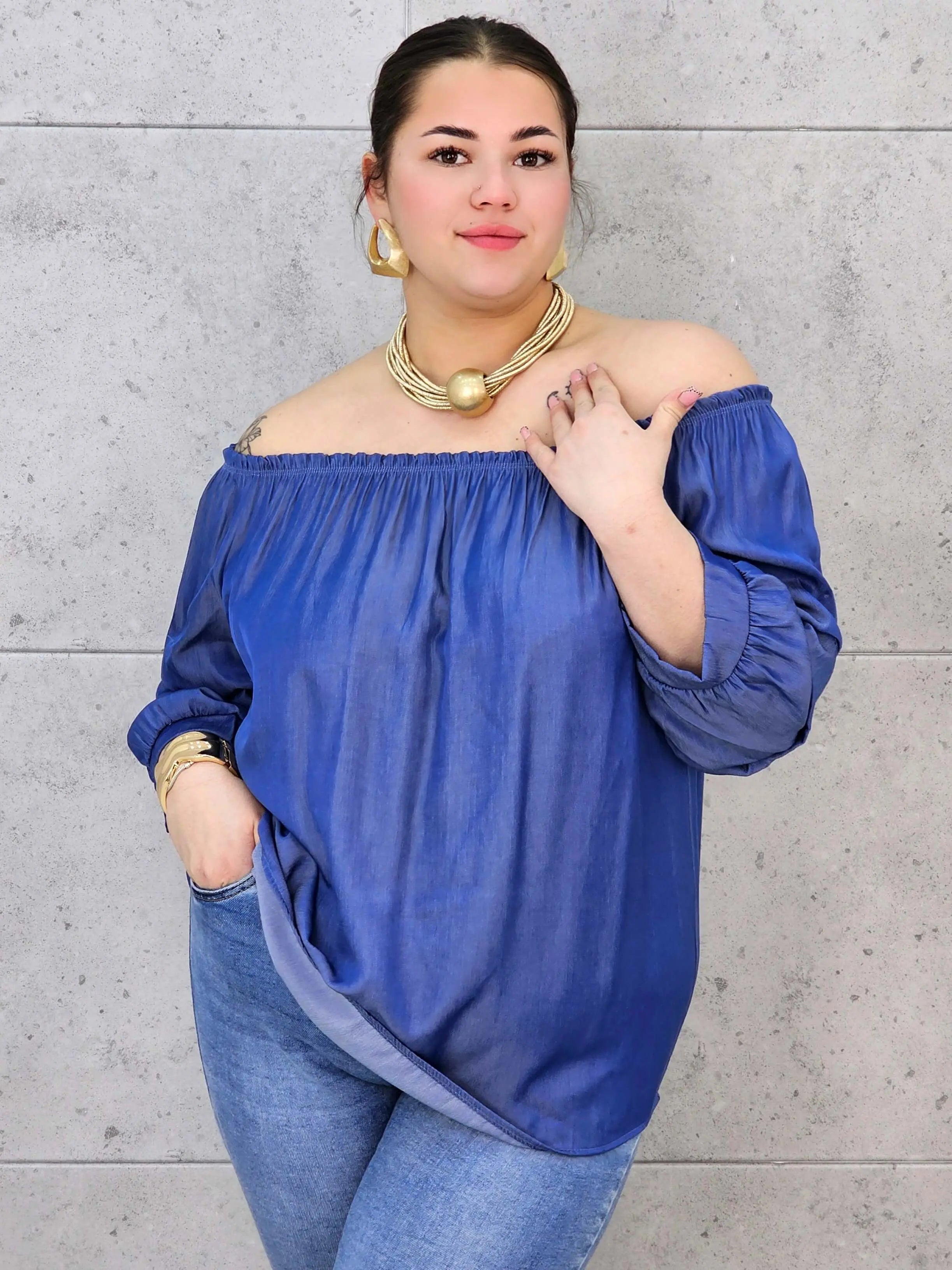 Bluzka Jeansowa Hiszpanka Plus Size – Luźny Krój, Rękaw 3/4, Wygoda XXL Stylowa XL