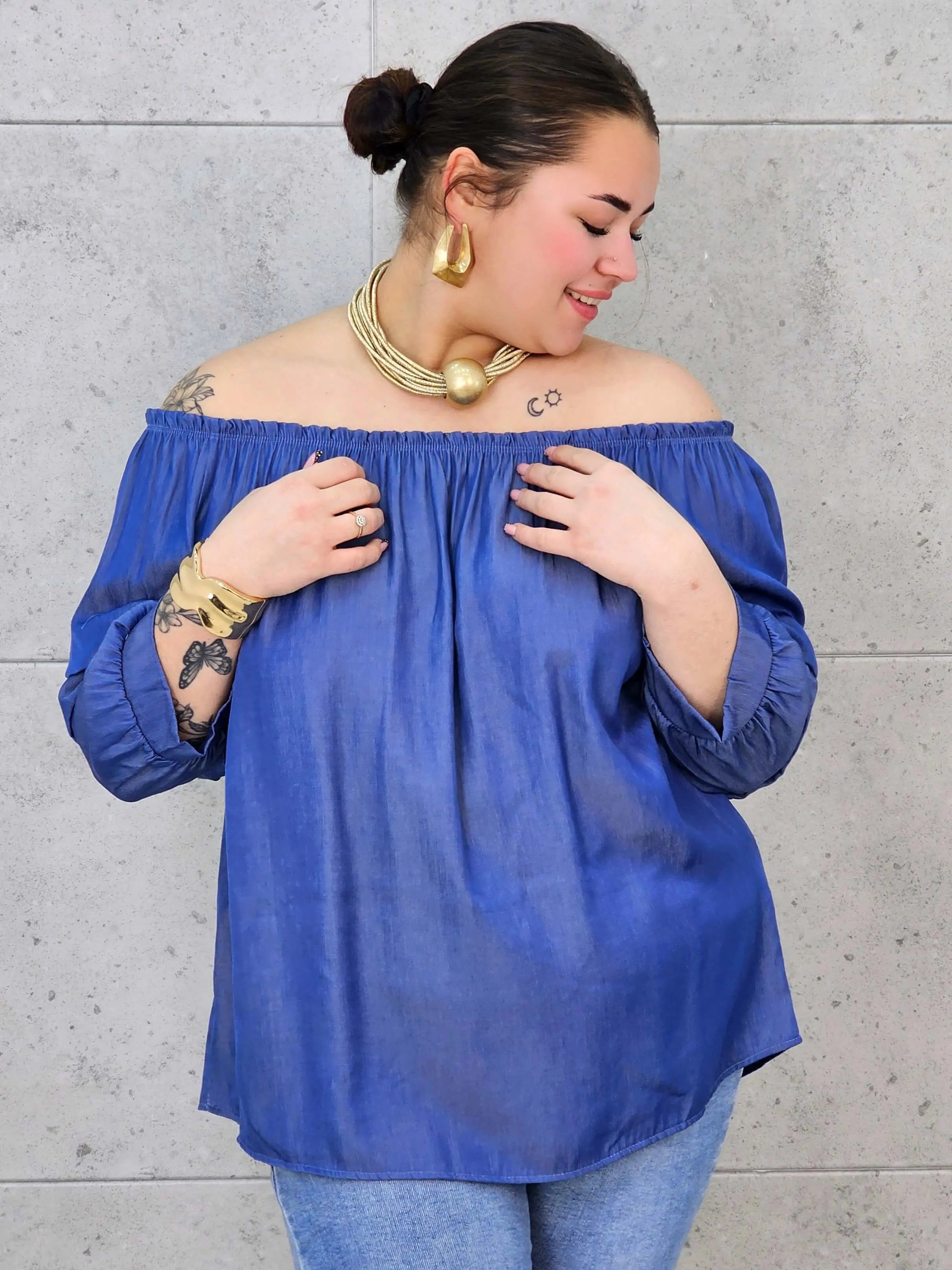 Bluzka Jeansowa Hiszpanka Plus Size – Luźny Krój, Rękaw 3/4, Wygoda XXL Stylowa XL