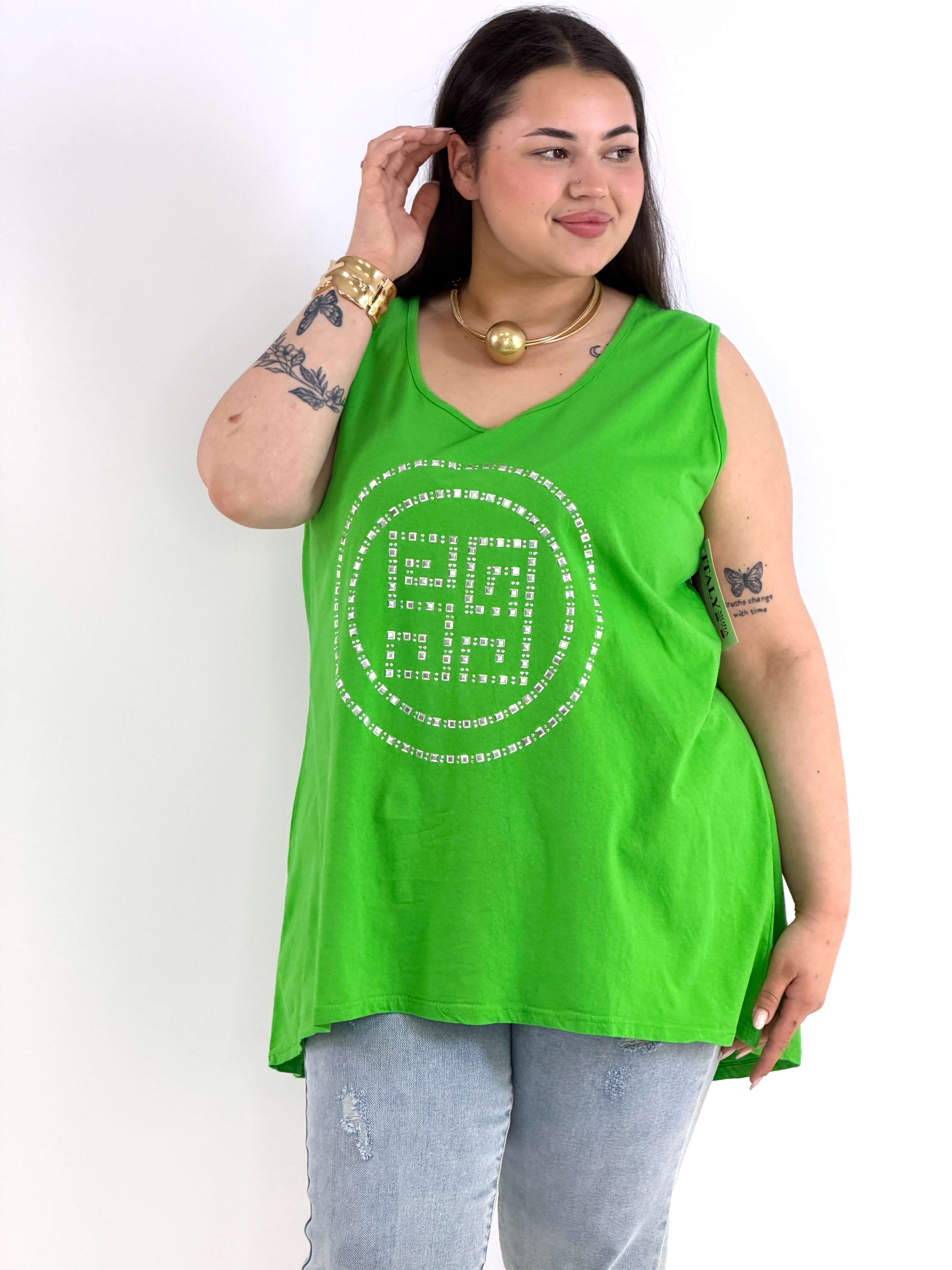 Bluzka Plus Size Na Ramiączkach Zielona Z Ozdobnym Wzorem XXL Stylowa XL