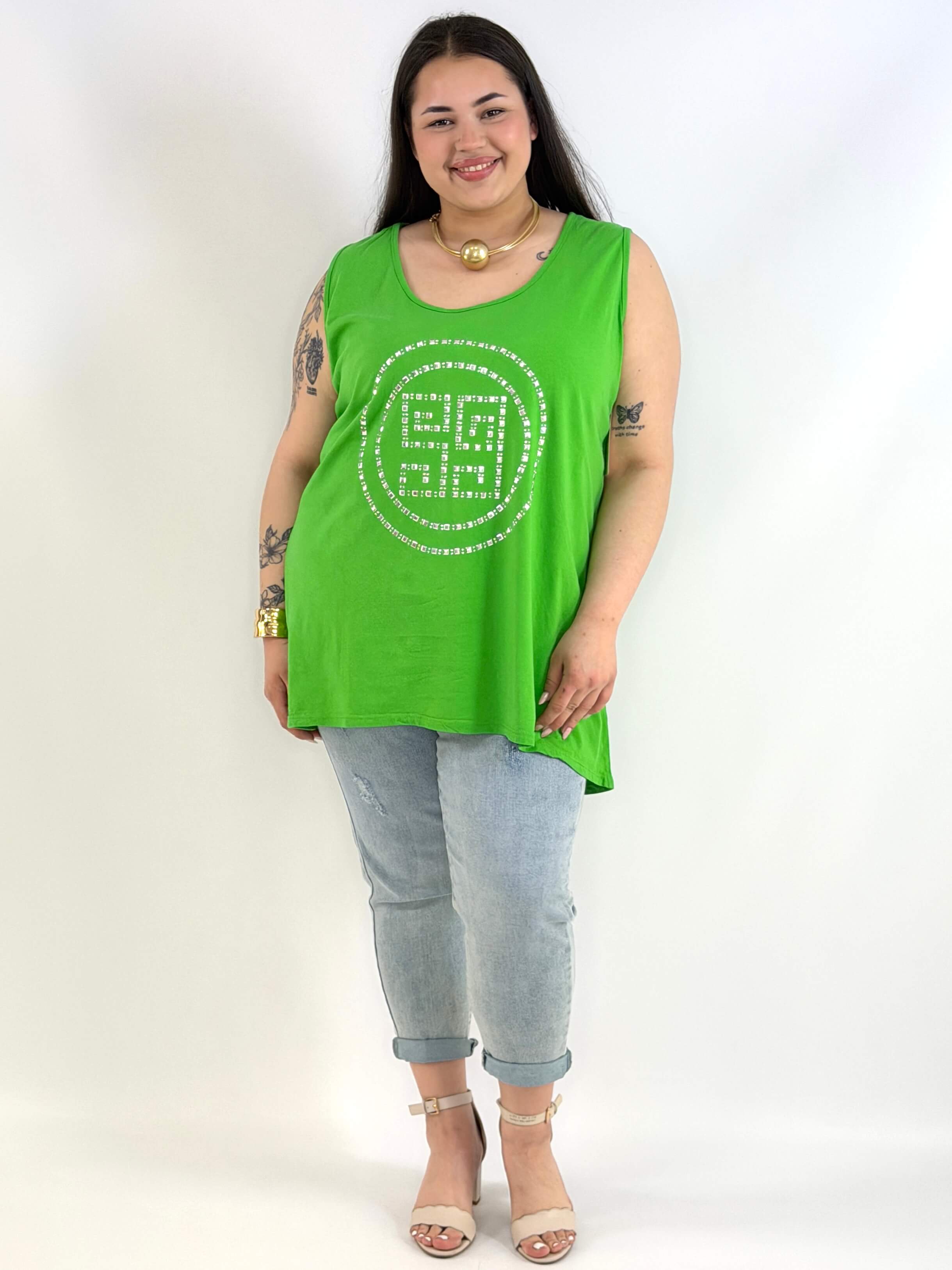 Bluzka Plus Size Na Ramiączkach Zielona Z Ozdobnym Wzorem XXL Stylowa XL
