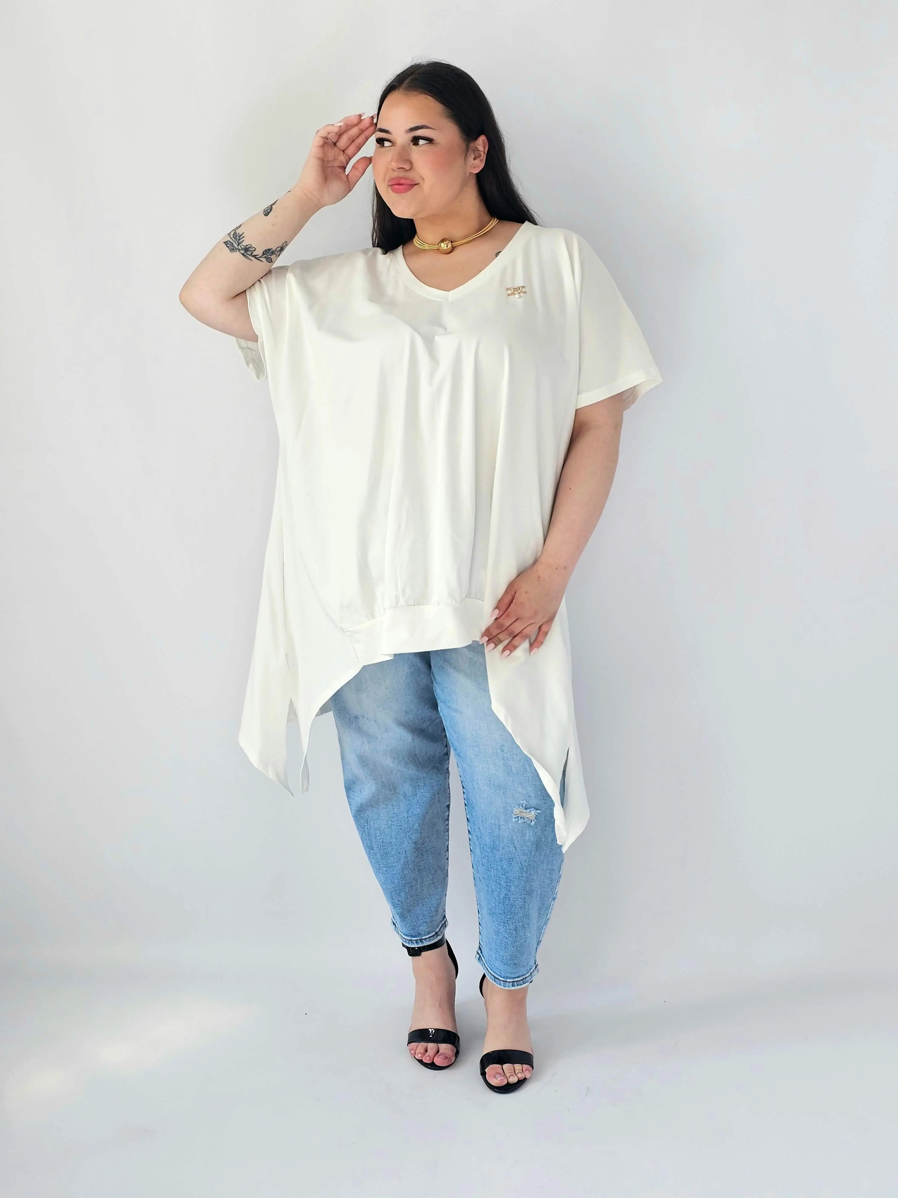 Bluzka Plus Size Oversize Z Dekoltem V I Asymetrycznym Dołem Stylowa XL