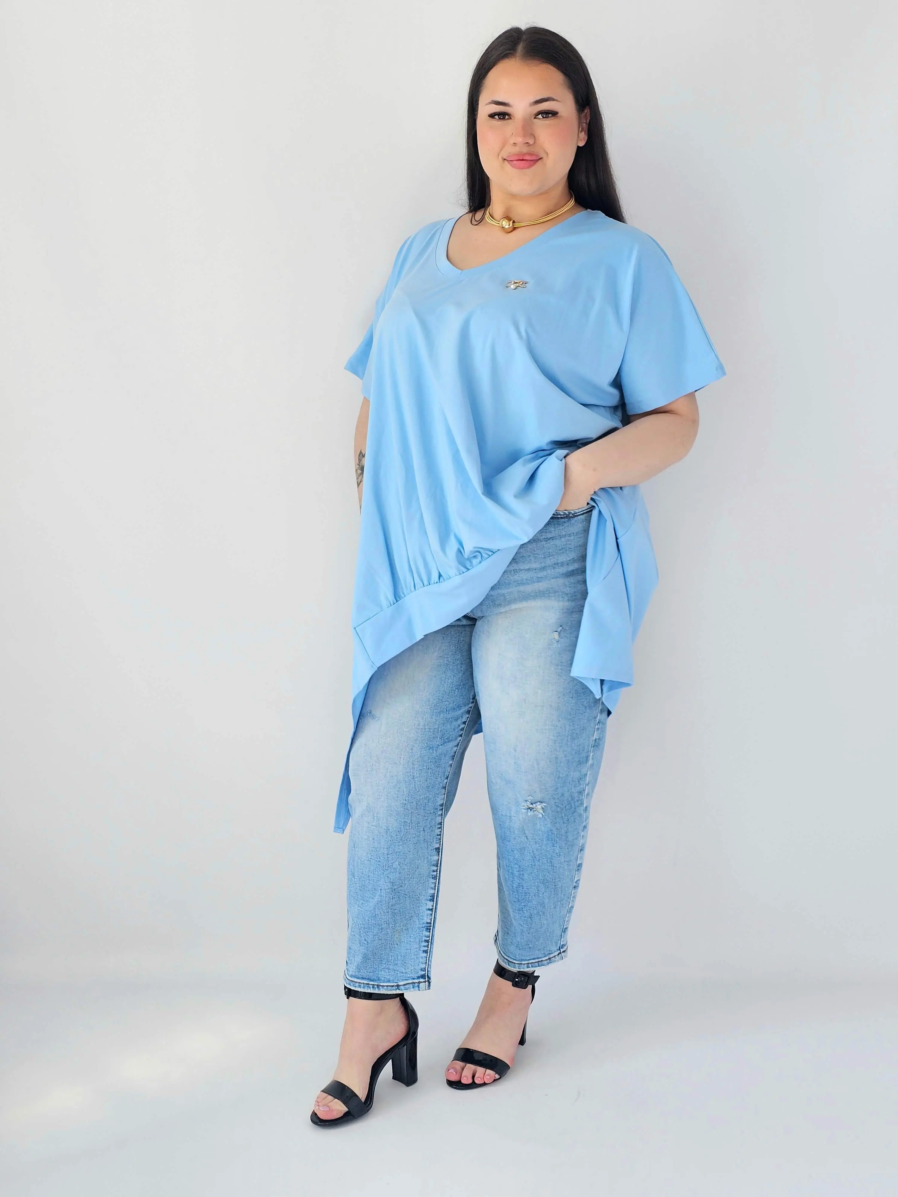Bluzka Plus Size Oversize Z Dekoltem V I Asymetrycznym Dołem Stylowa XL