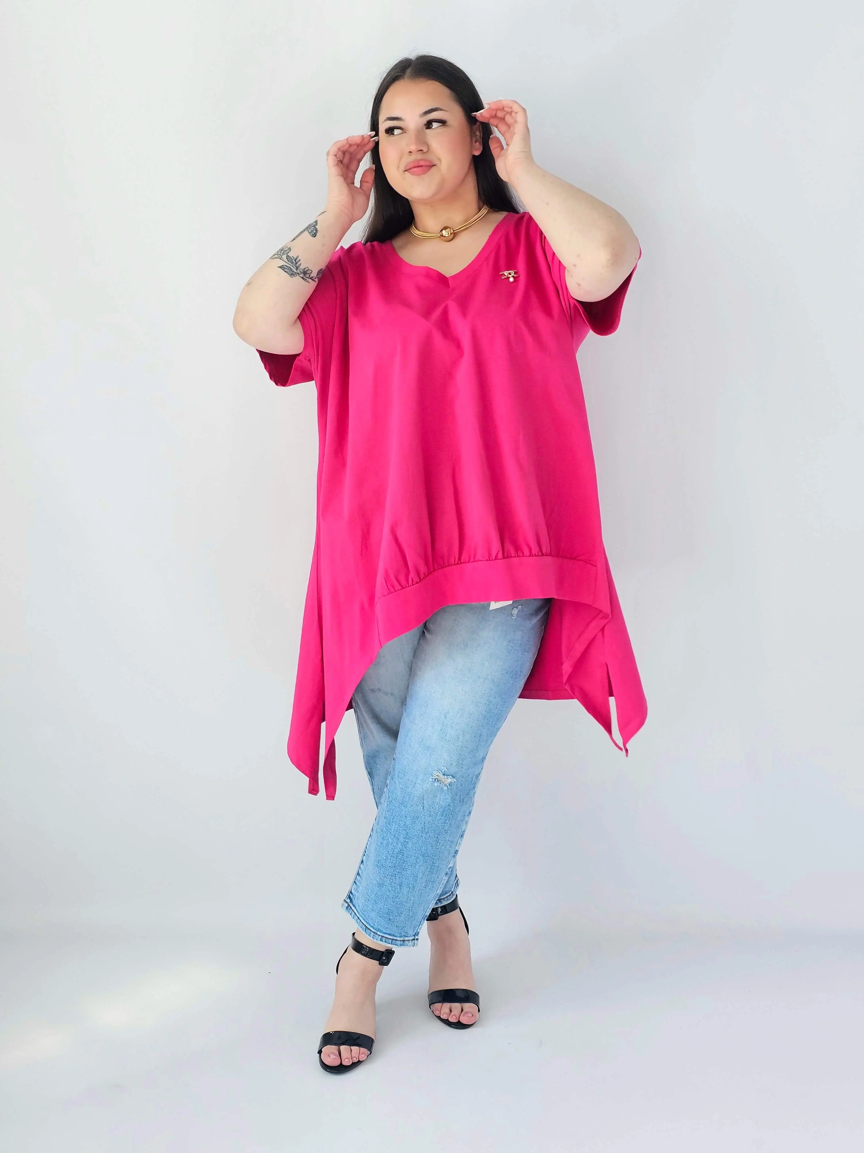 Bluzka Plus Size Oversize Z Dekoltem V I Asymetrycznym Dołem Stylowa XL