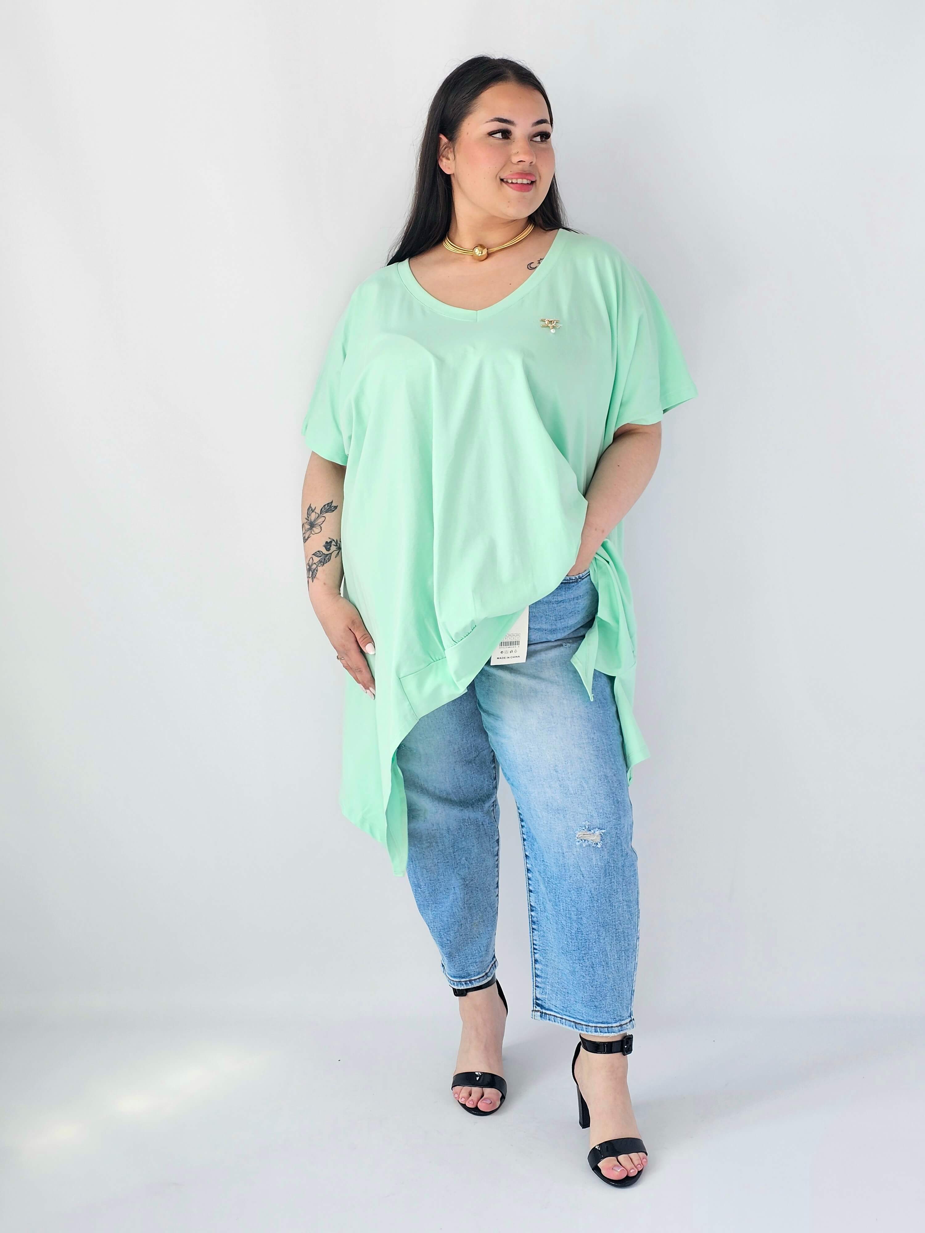 Bluzka Plus Size Oversize Z Dekoltem V I Asymetrycznym Dołem Stylowa XL