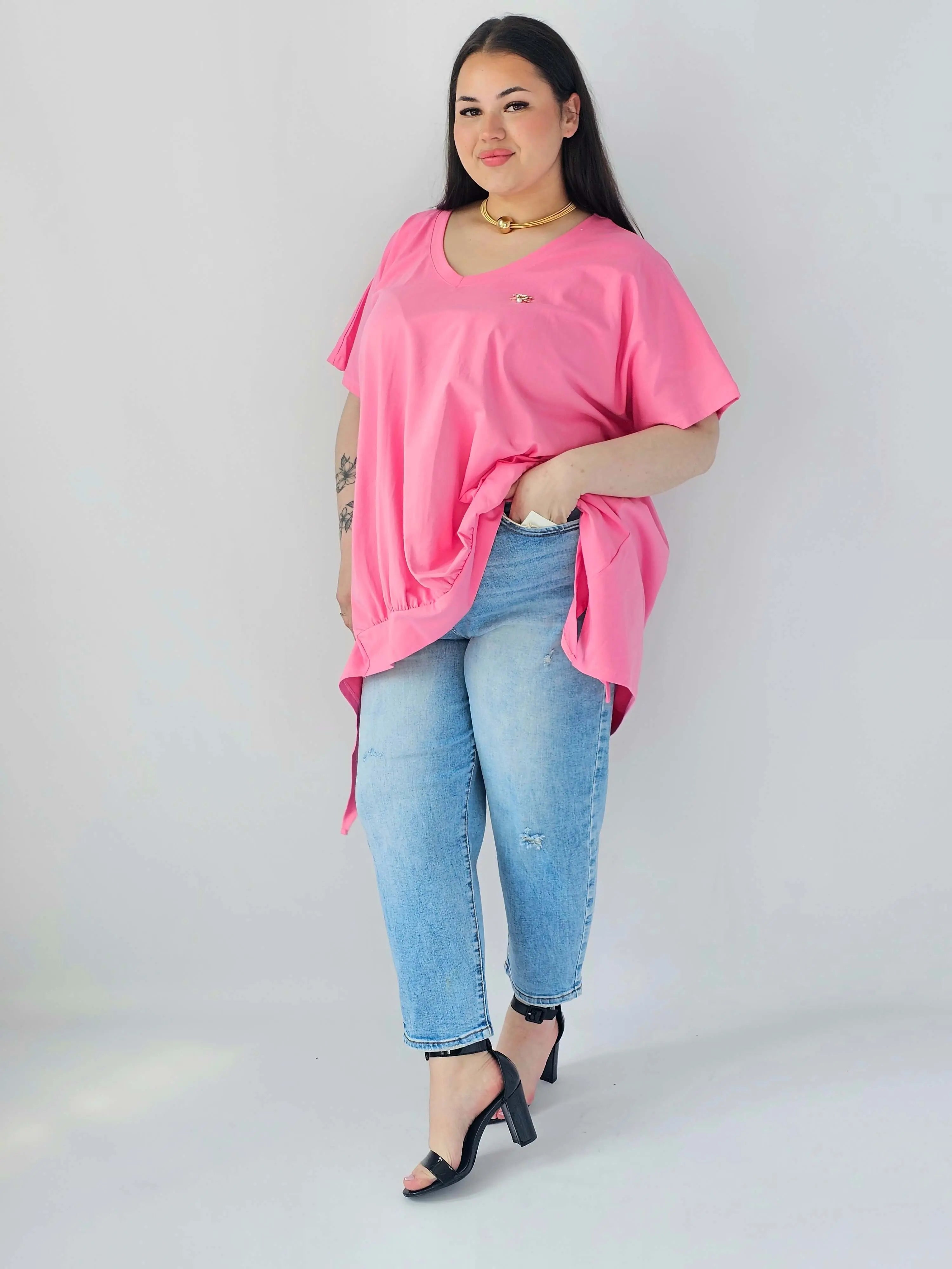 Bluzka Plus Size Oversize Z Dekoltem V I Asymetrycznym Dołem Stylowa XL