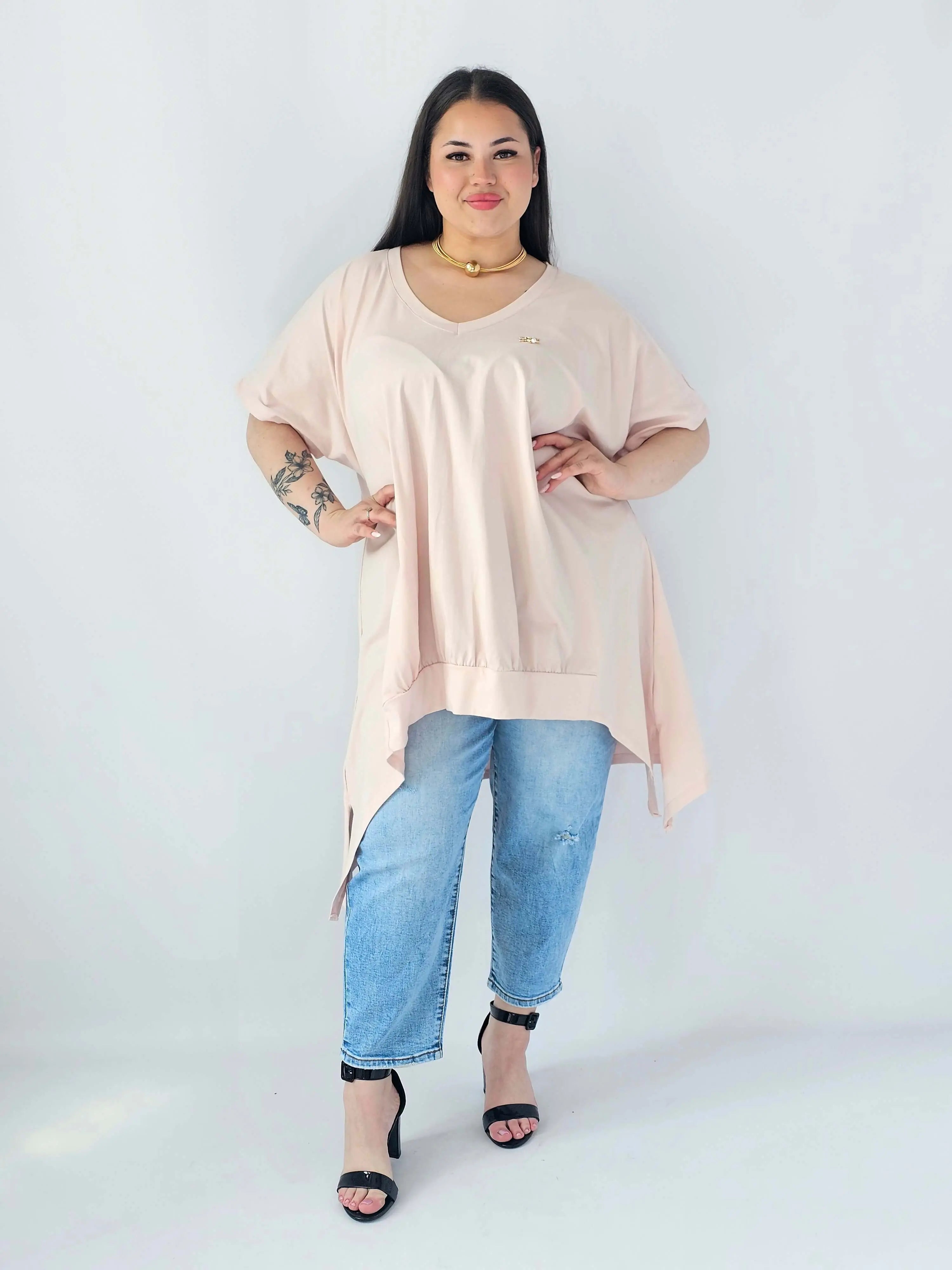 Bluzka Plus Size Oversize Z Dekoltem V I Asymetrycznym Dołem Stylowa XL