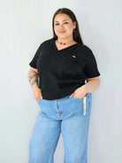 Bluzka Plus Size Prążkowana Z Dekoltem V I Krótkim Rękawem Stylowa XL