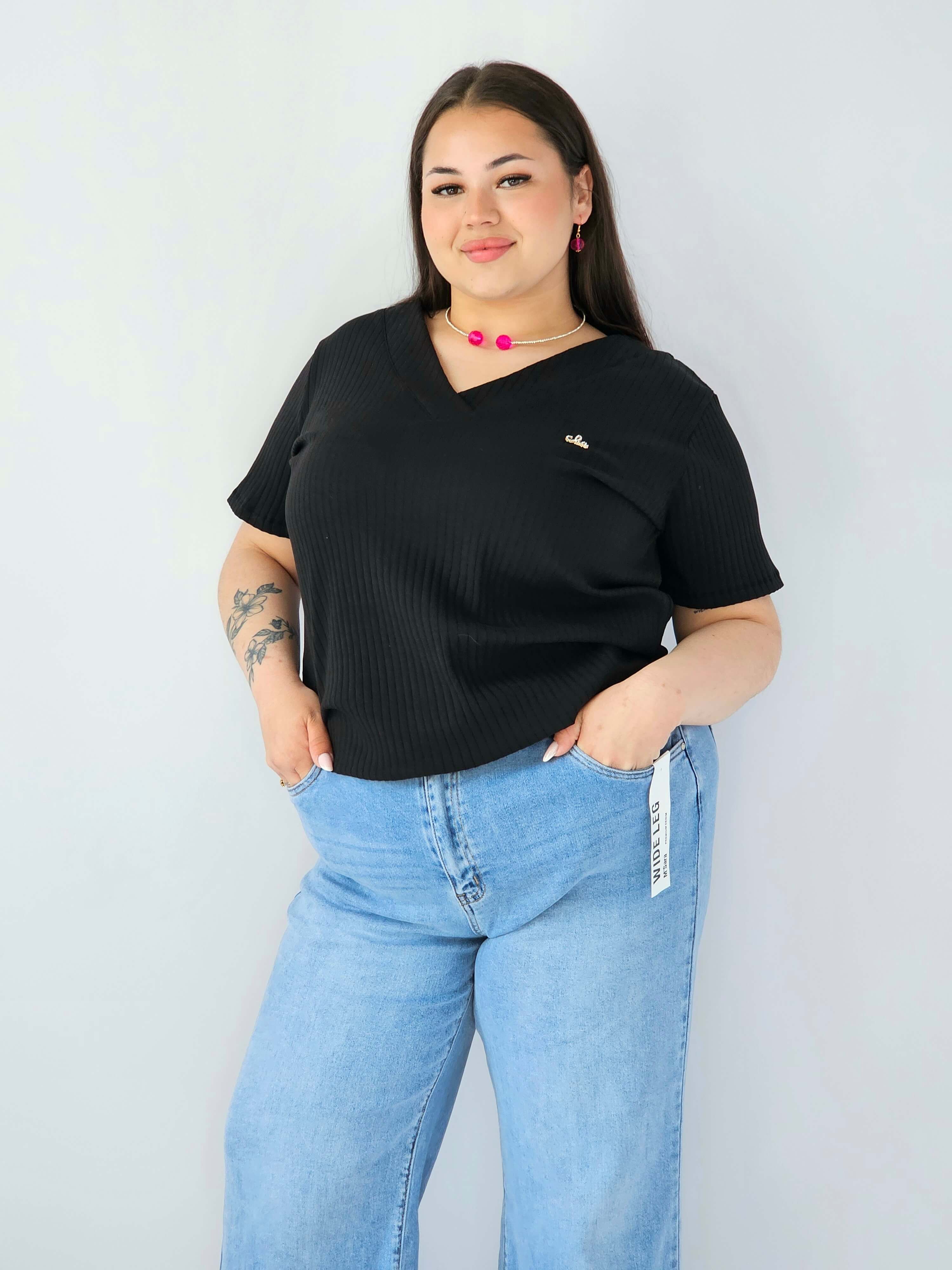 Bluzka Plus Size Prążkowana Z Dekoltem V I Krótkim Rękawem Stylowa XL