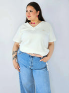 Bluzka Plus Size Prążkowana Z Dekoltem V I Krótkim Rękawem Stylowa XL