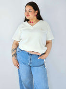 Bluzka Plus Size Prążkowana Z Dekoltem V I Krótkim Rękawem Stylowa XL