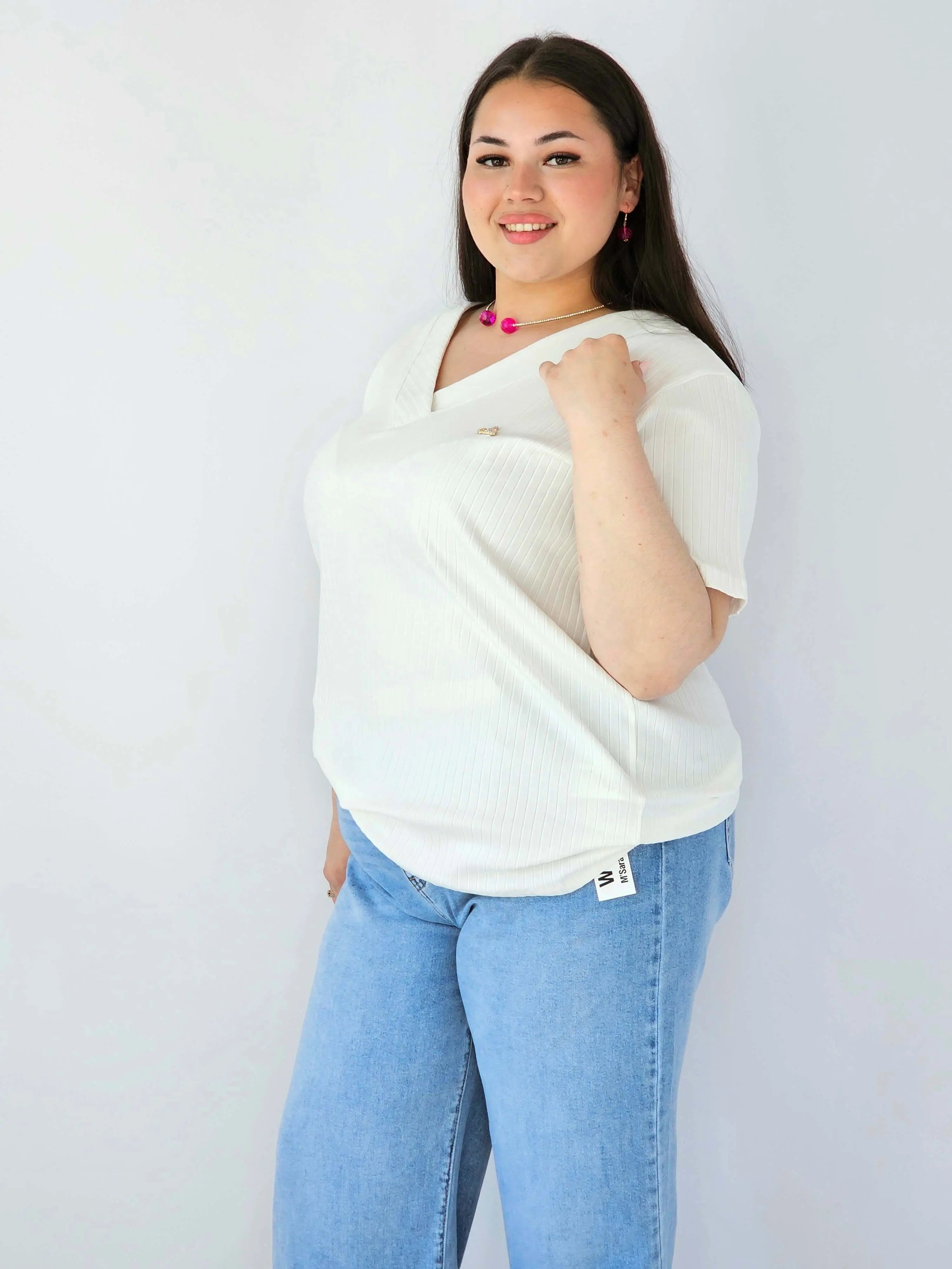Bluzka Plus Size Prążkowana Z Dekoltem V I Krótkim Rękawem Stylowa XL