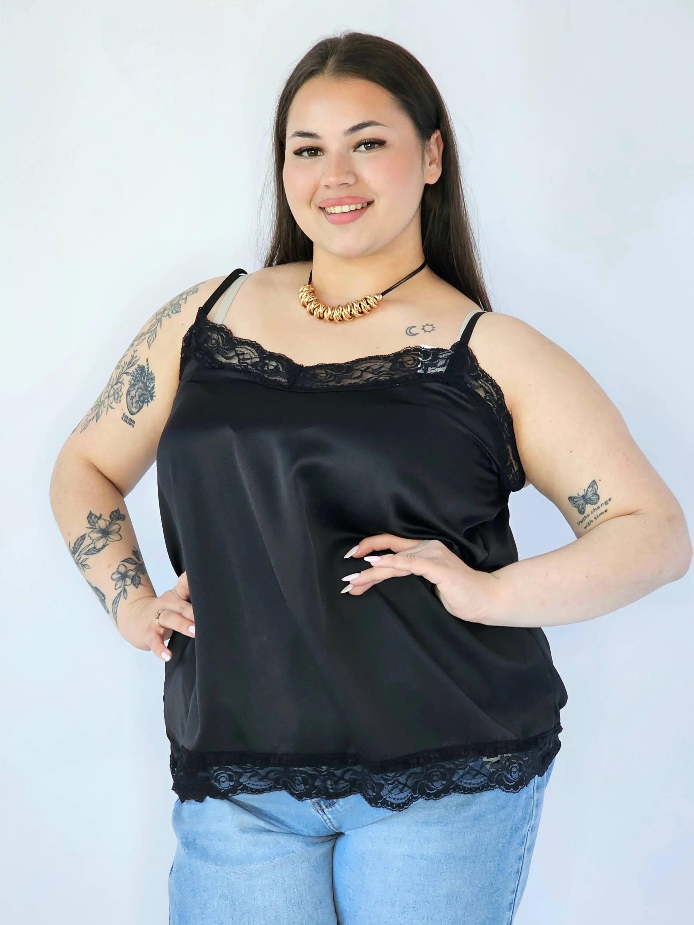 Bluzka Plus Size Satynowa Na Ramiączkach Z Koronką Elegancka XXL Stylowa XL