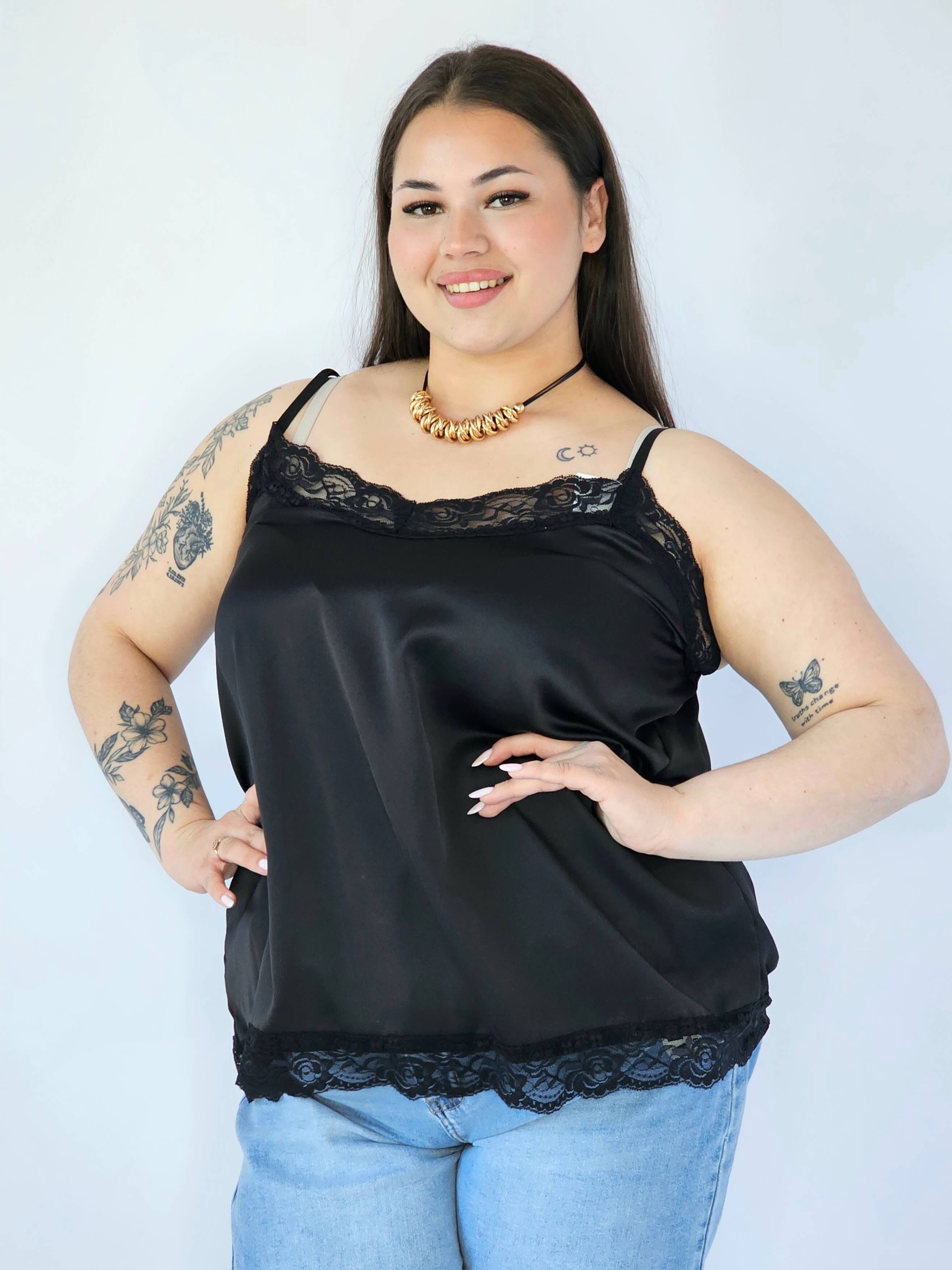 Bluzka Plus Size Satynowa Na Ramiączkach Z Koronką Elegancka XXL Stylowa XL