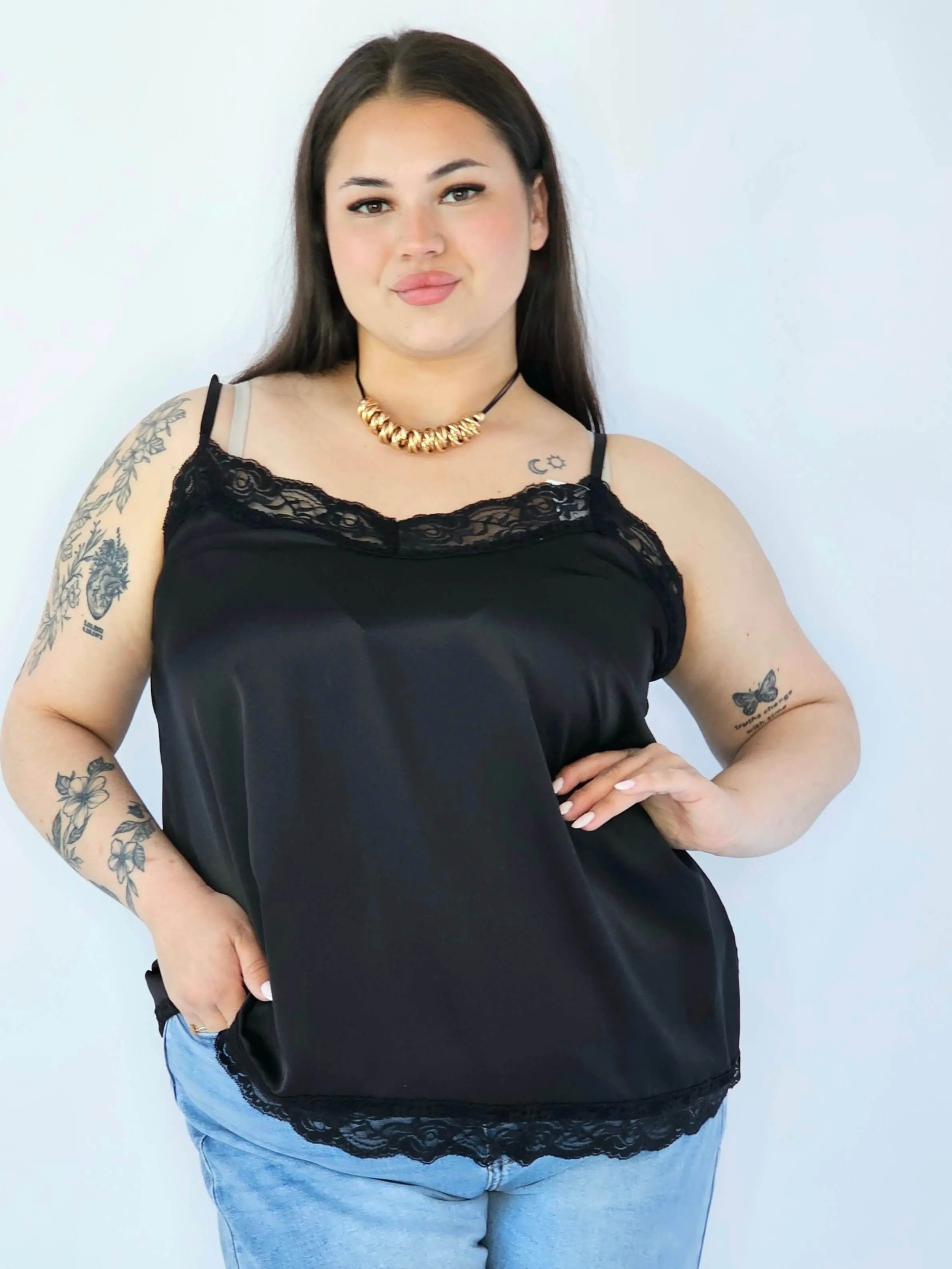 Bluzka Plus Size Satynowa Na Ramiączkach Z Koronką Elegancka XXL Stylowa XL
