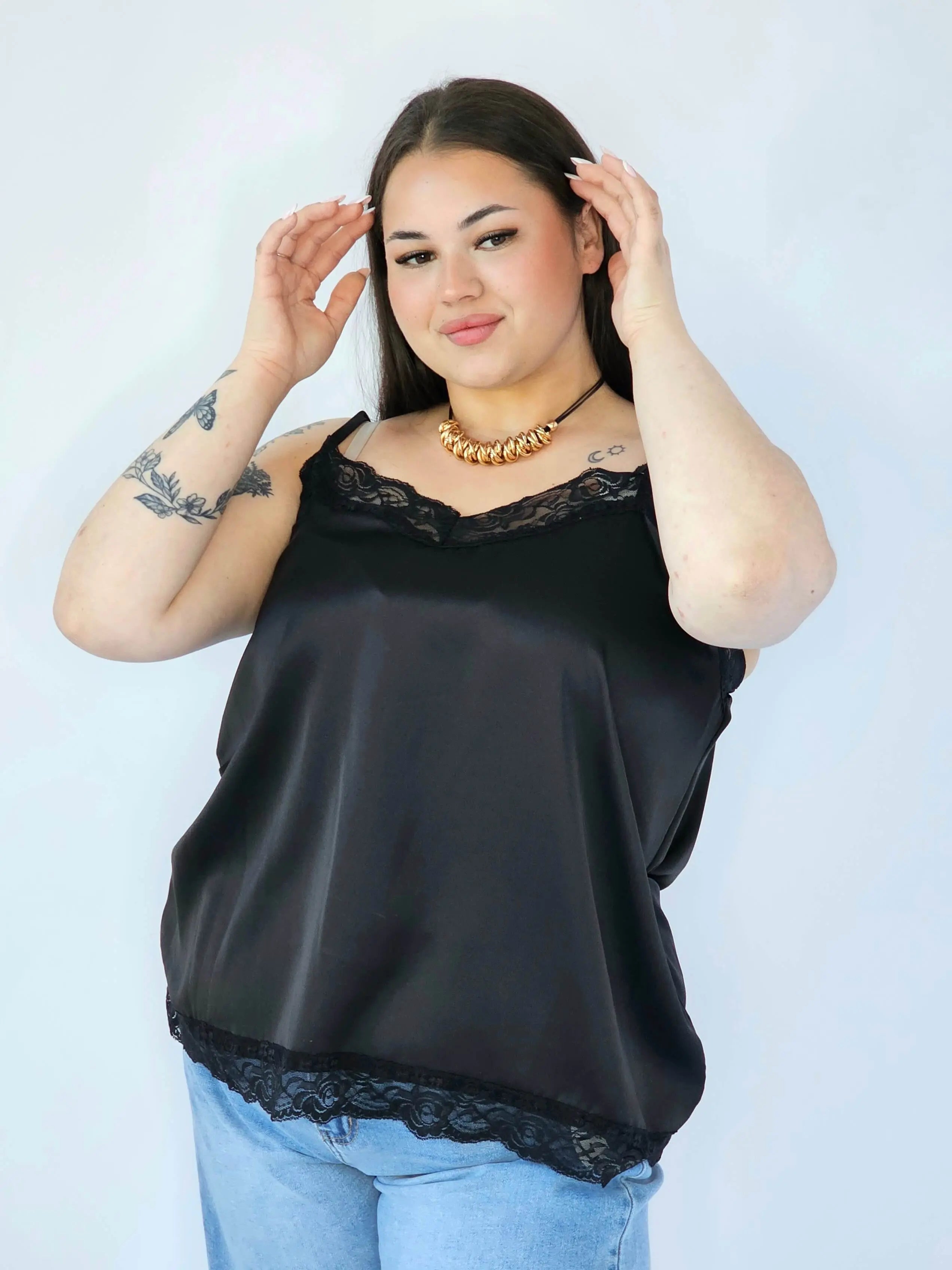 Bluzka Plus Size Satynowa Na Ramiączkach Z Koronką Elegancka XXL Stylowa XL