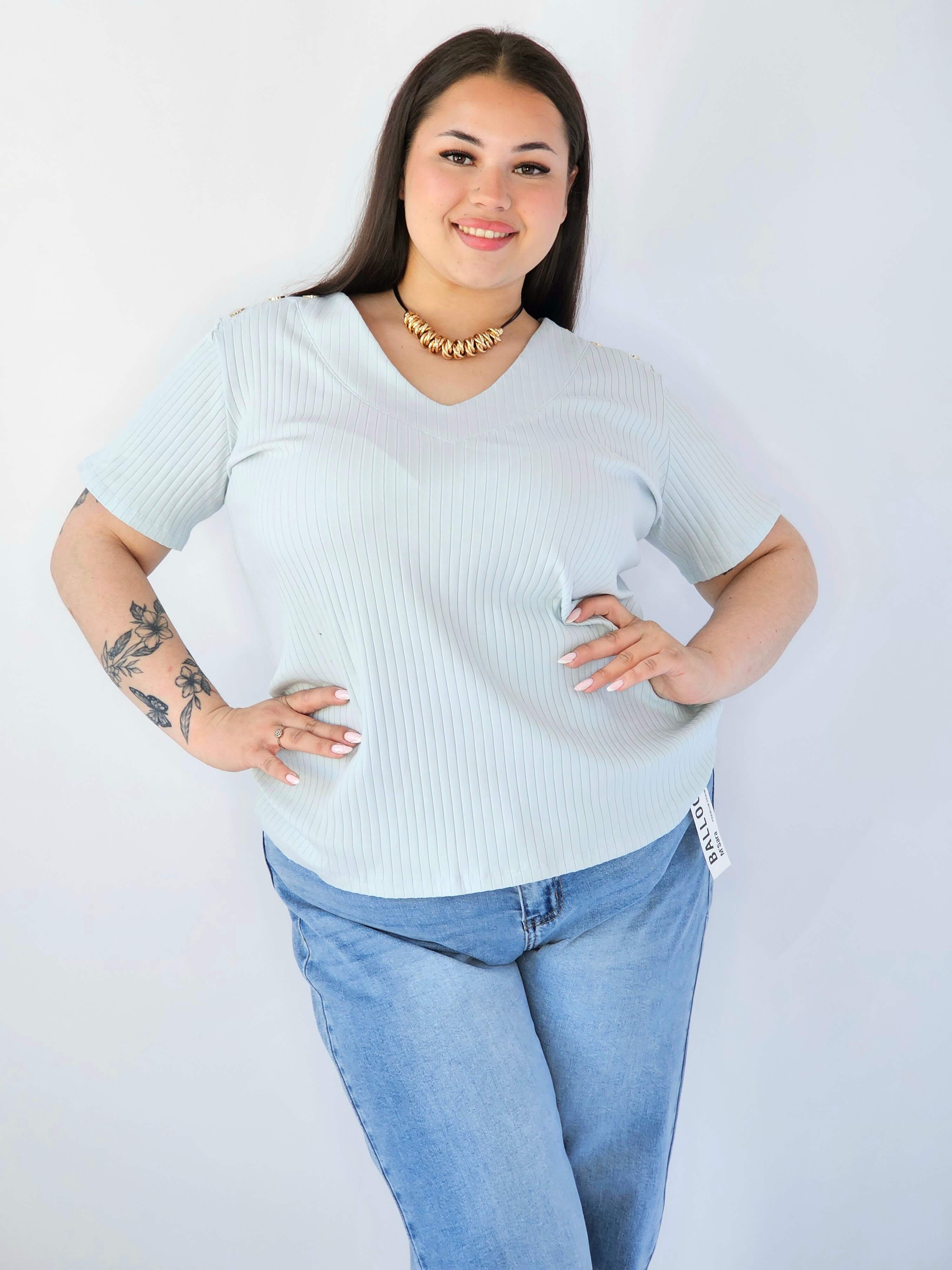 Bluzka Plus Size Z Dekoltem V I Ozdobnymi Detalami Na Ramionach Stylowa XL