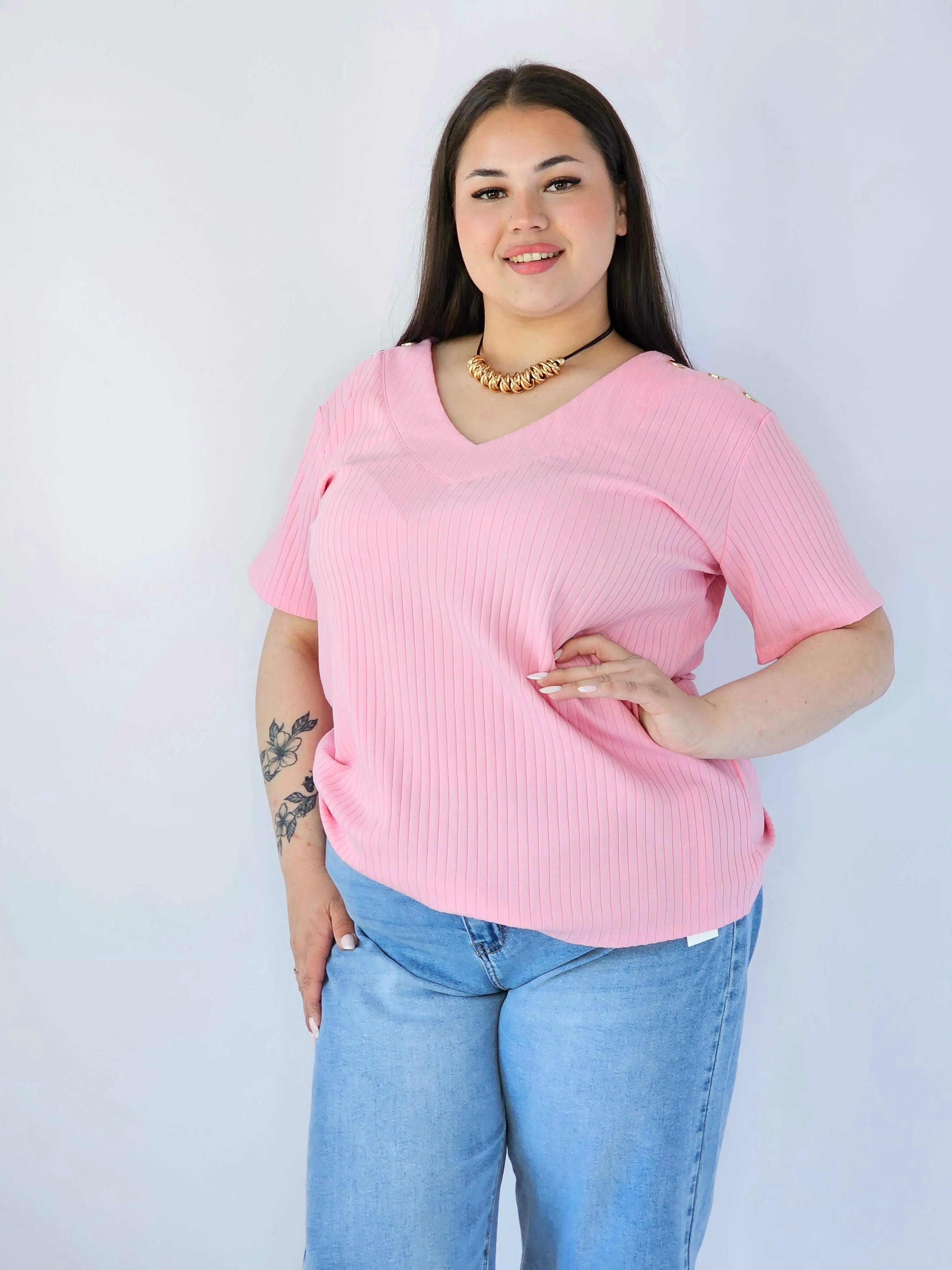 Bluzka Plus Size Z Dekoltem V I Ozdobnymi Detalami Na Ramionach Stylowa XL