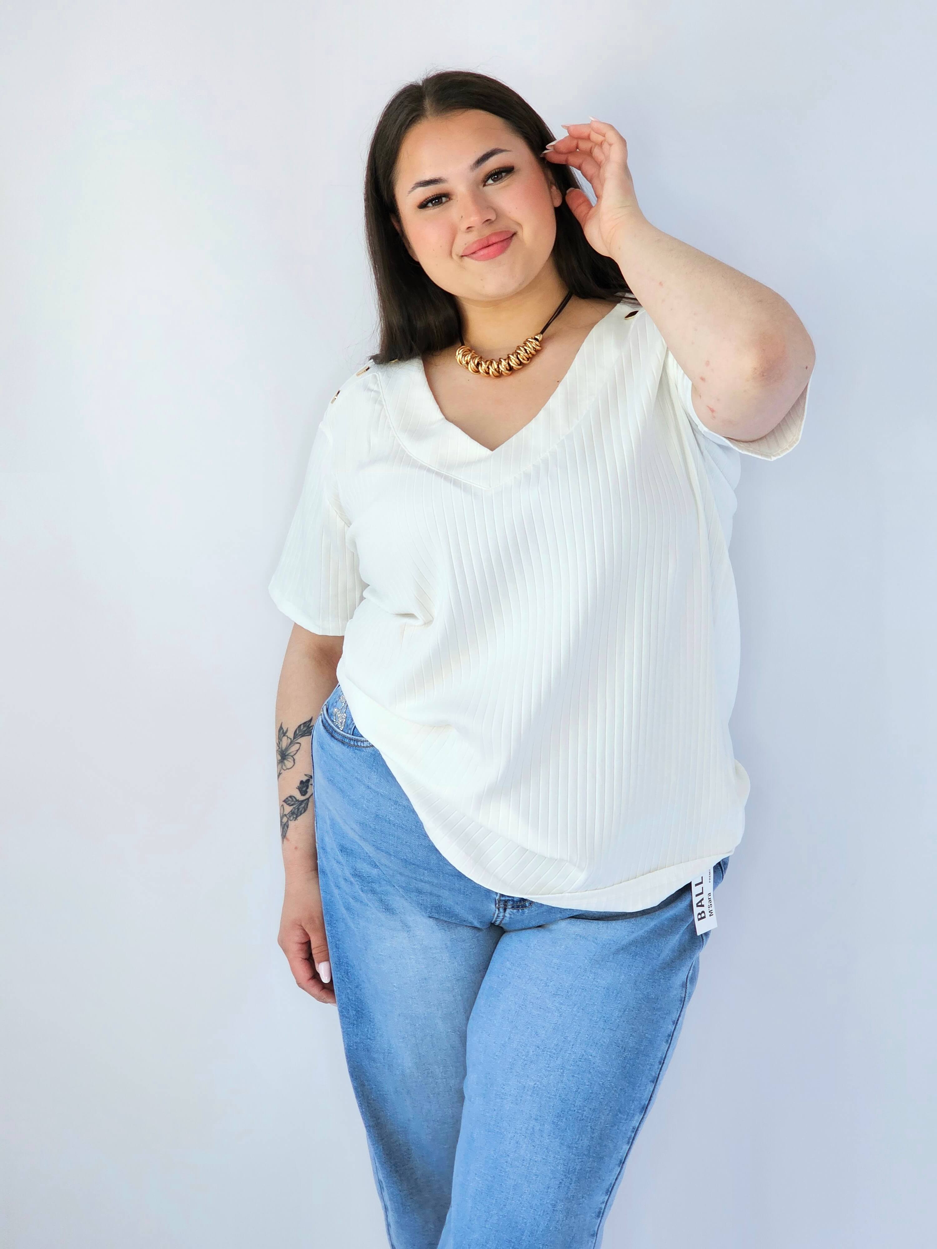 Bluzka Plus Size Z Dekoltem V I Ozdobnymi Detalami Na Ramionach Stylowa XL