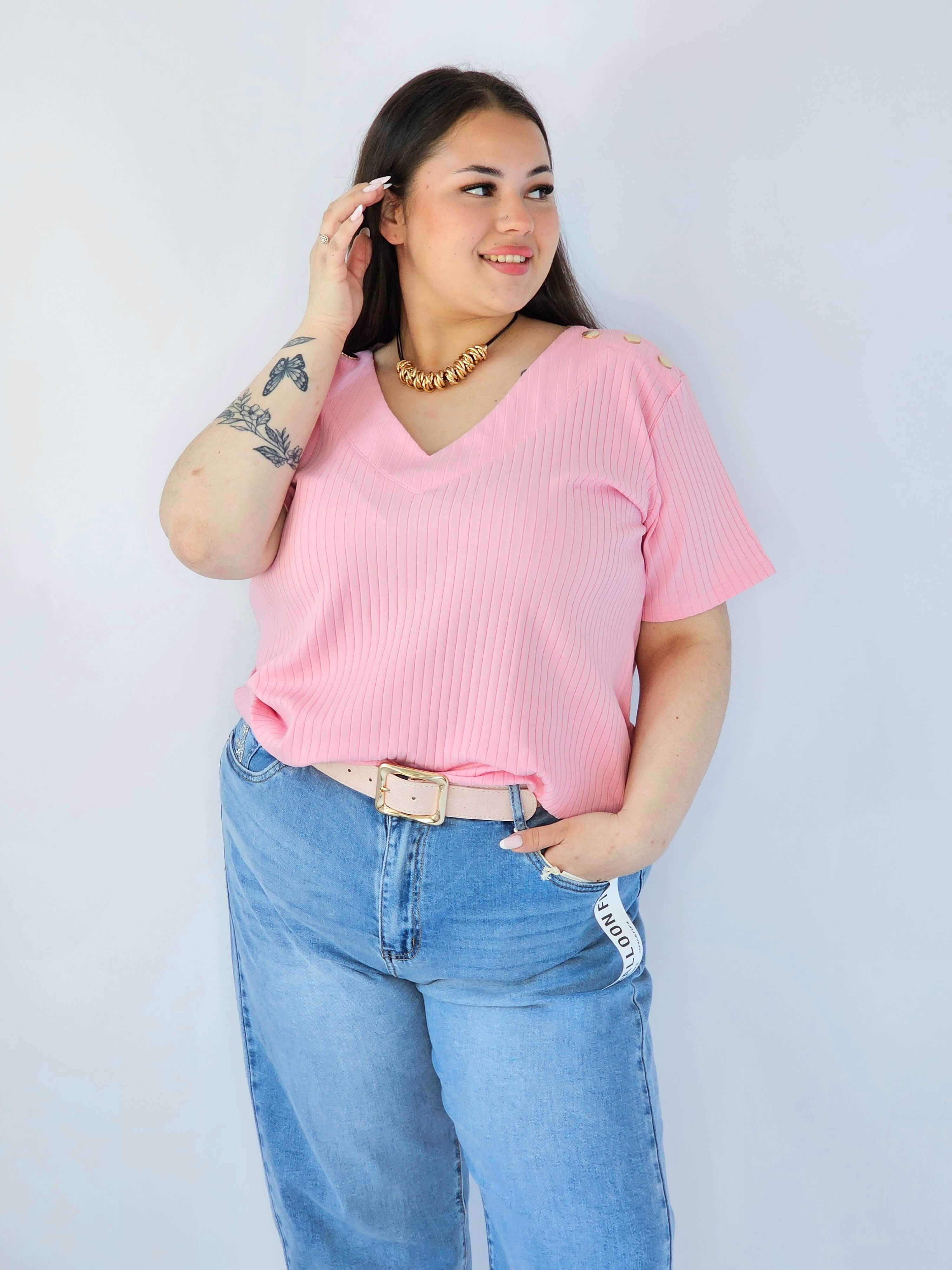 Bluzka Plus Size Z Dekoltem V I Ozdobnymi Detalami Na Ramionach Stylowa XL