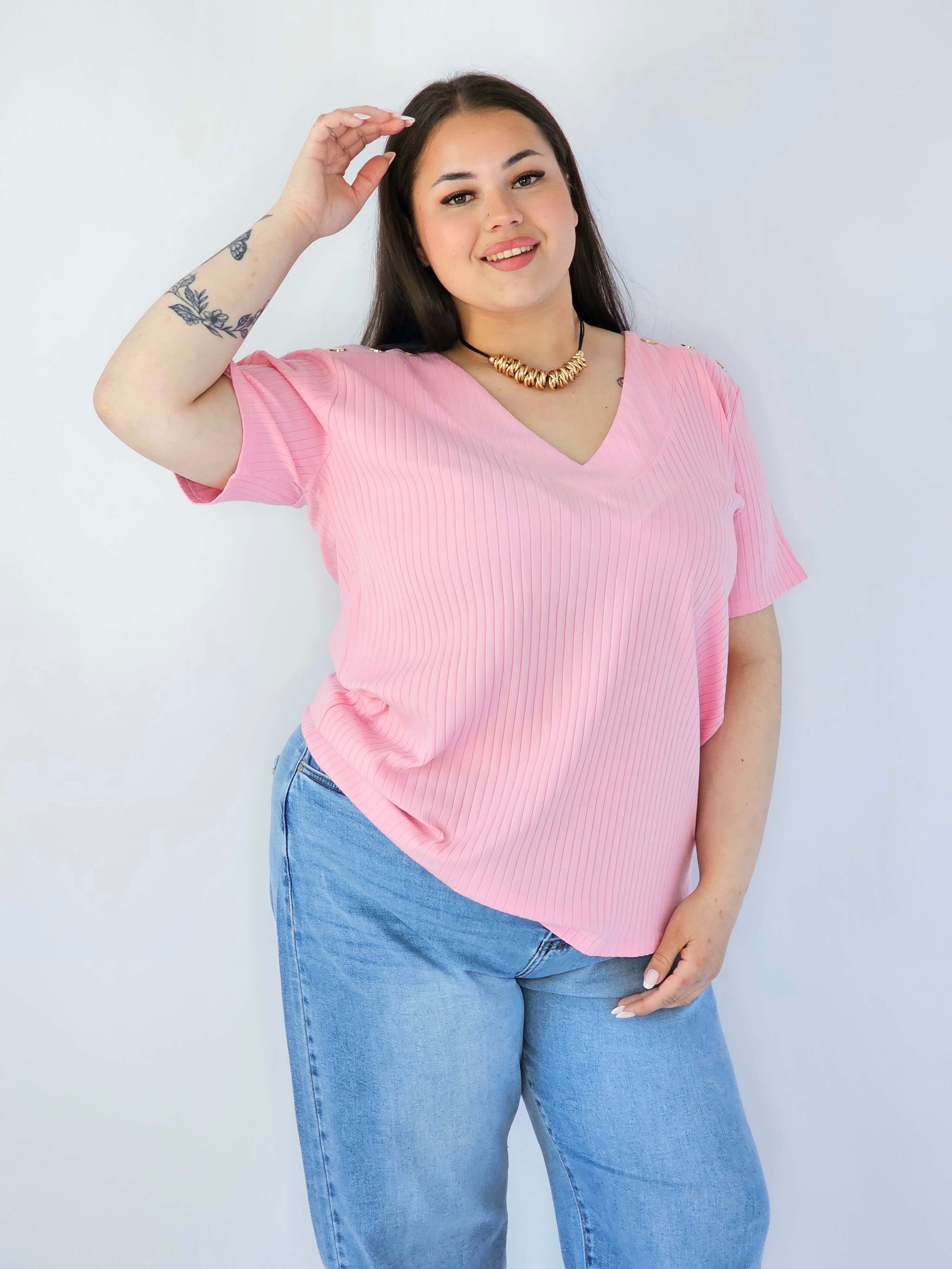 Bluzka Plus Size Z Dekoltem V I Ozdobnymi Detalami Na Ramionach Stylowa XL