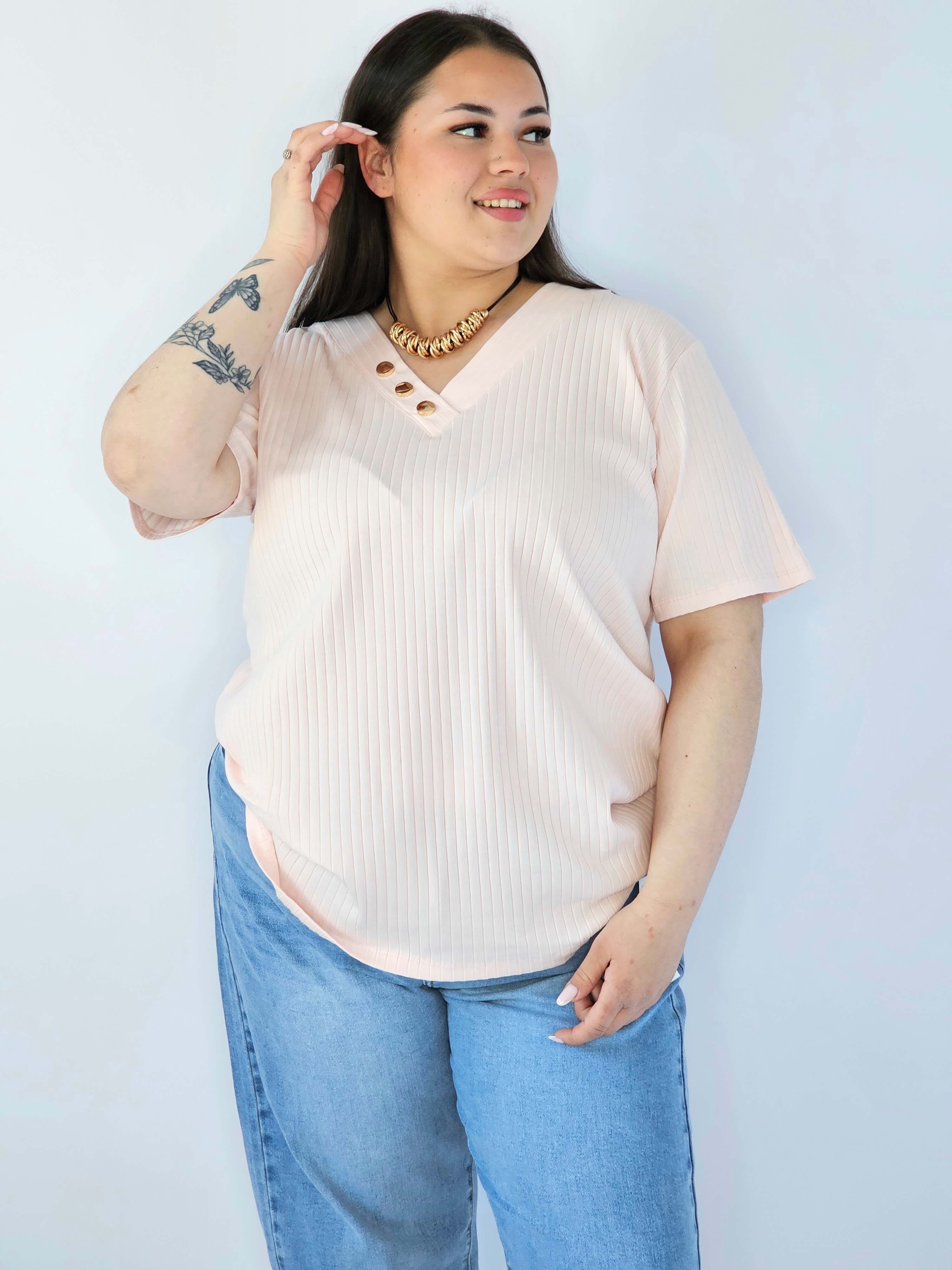 Bluzka Plus Size Z Dekoltem V I Ozdobnymi Guzikami Stylowa XL