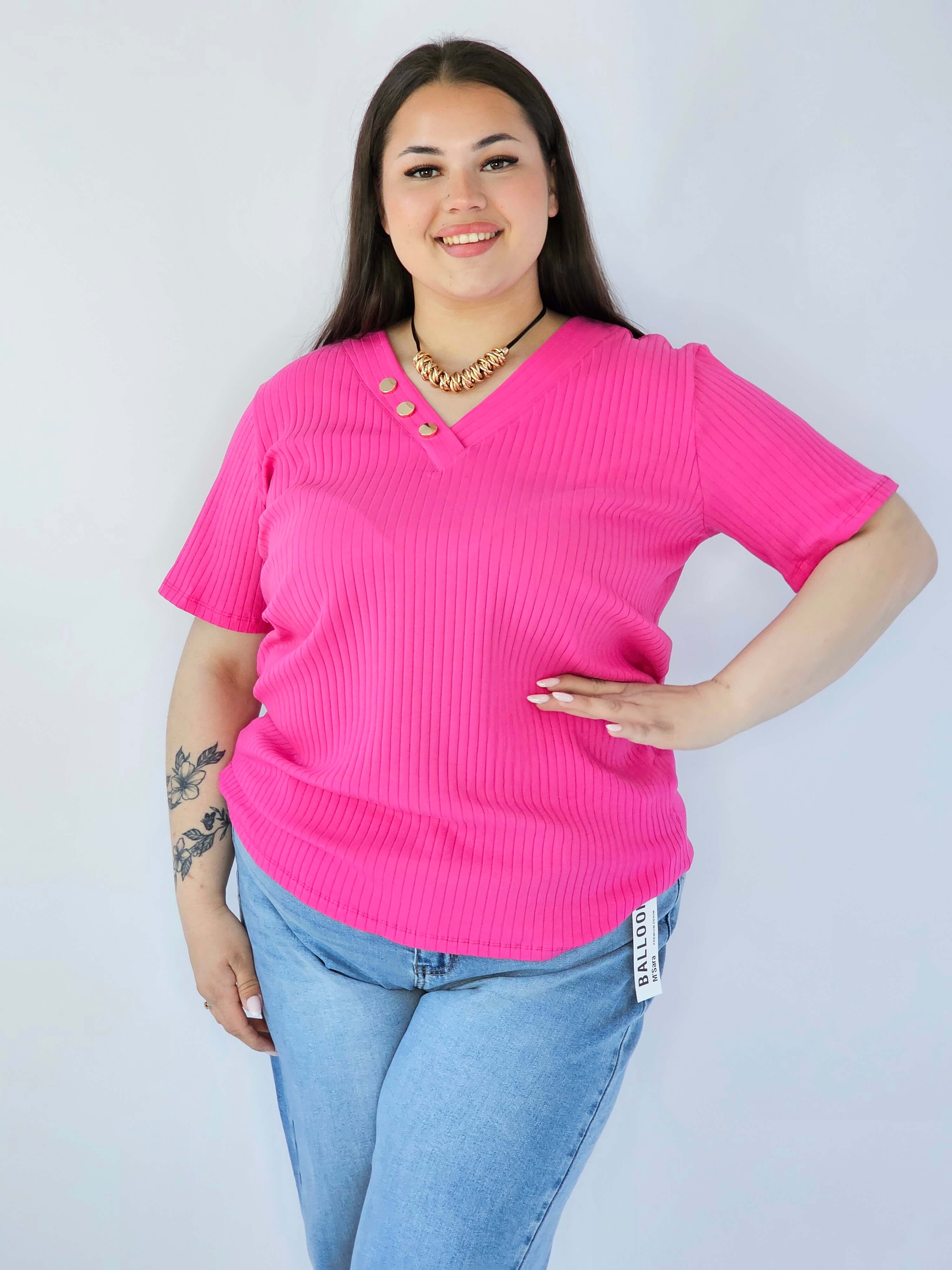 Bluzka Plus Size Z Dekoltem V I Ozdobnymi Guzikami Stylowa XL