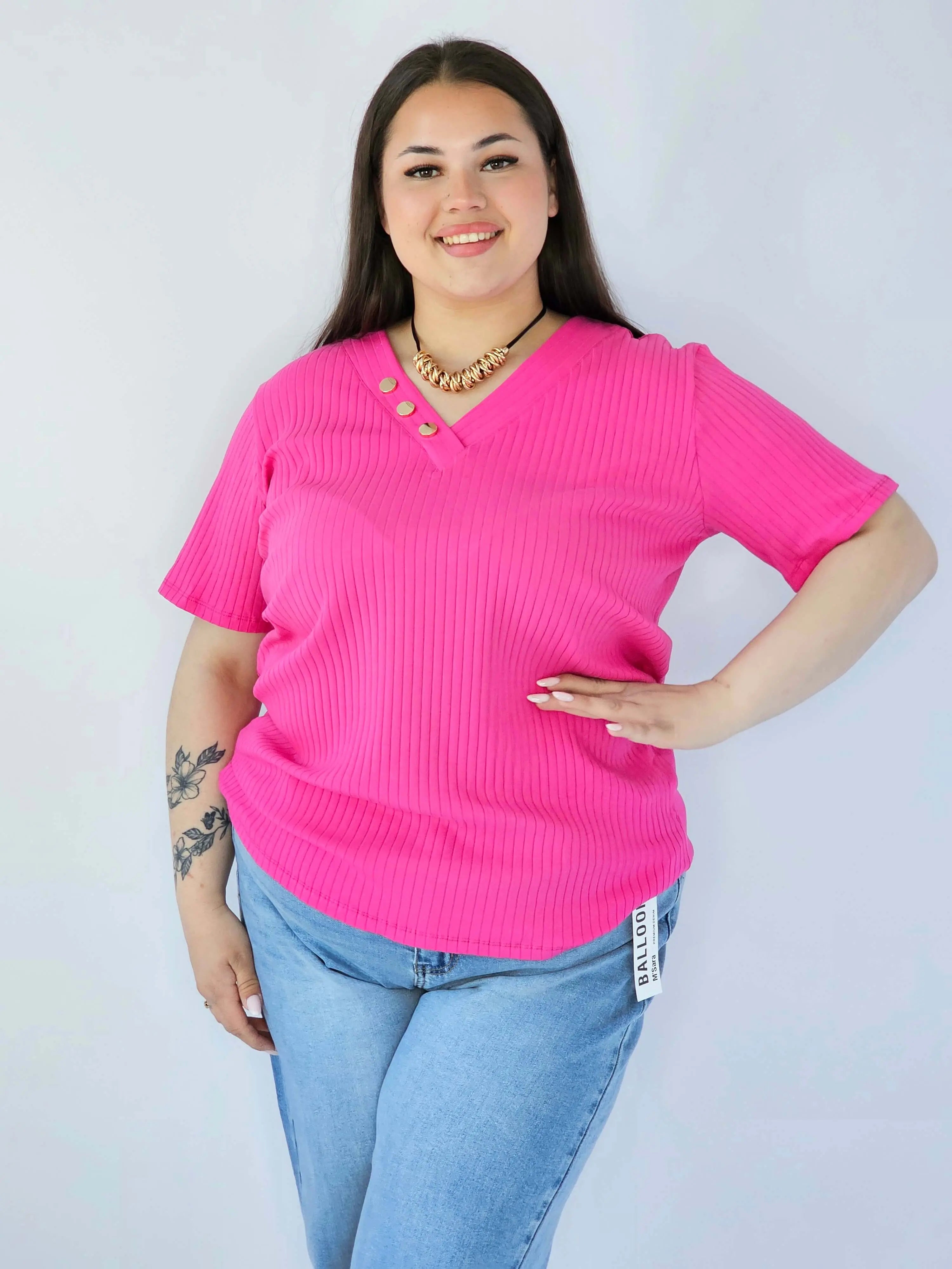 Bluzka Plus Size Z Dekoltem V I Ozdobnymi Guzikami Stylowa XL