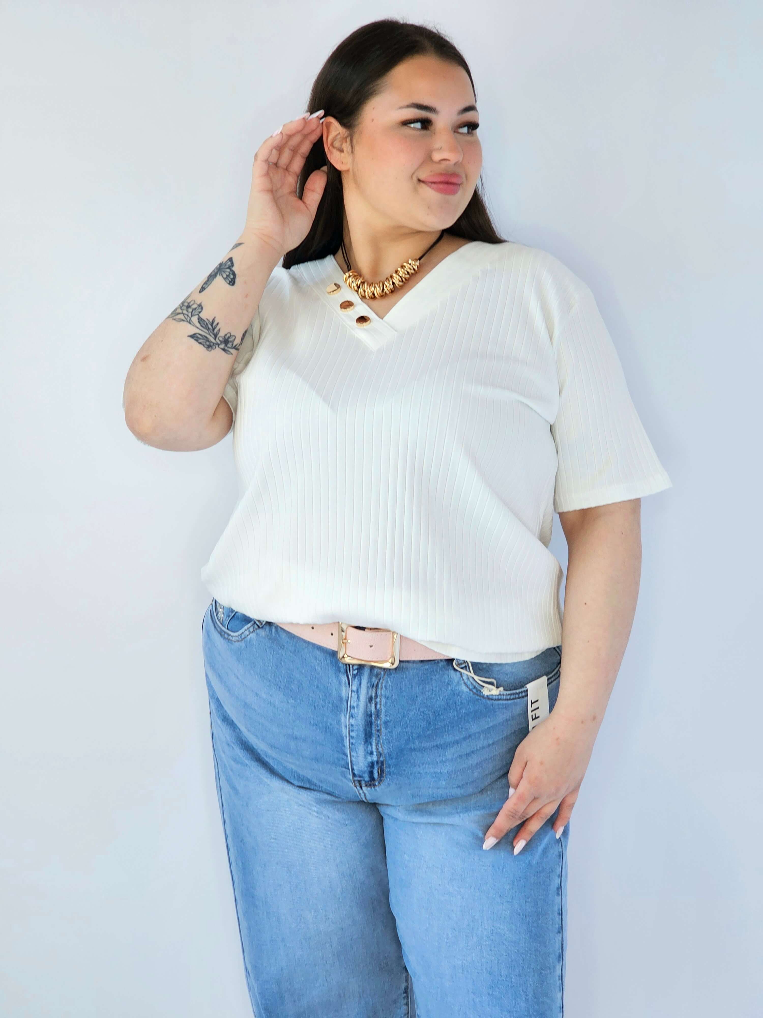 Bluzka Plus Size Z Dekoltem V I Ozdobnymi Guzikami Stylowa XL