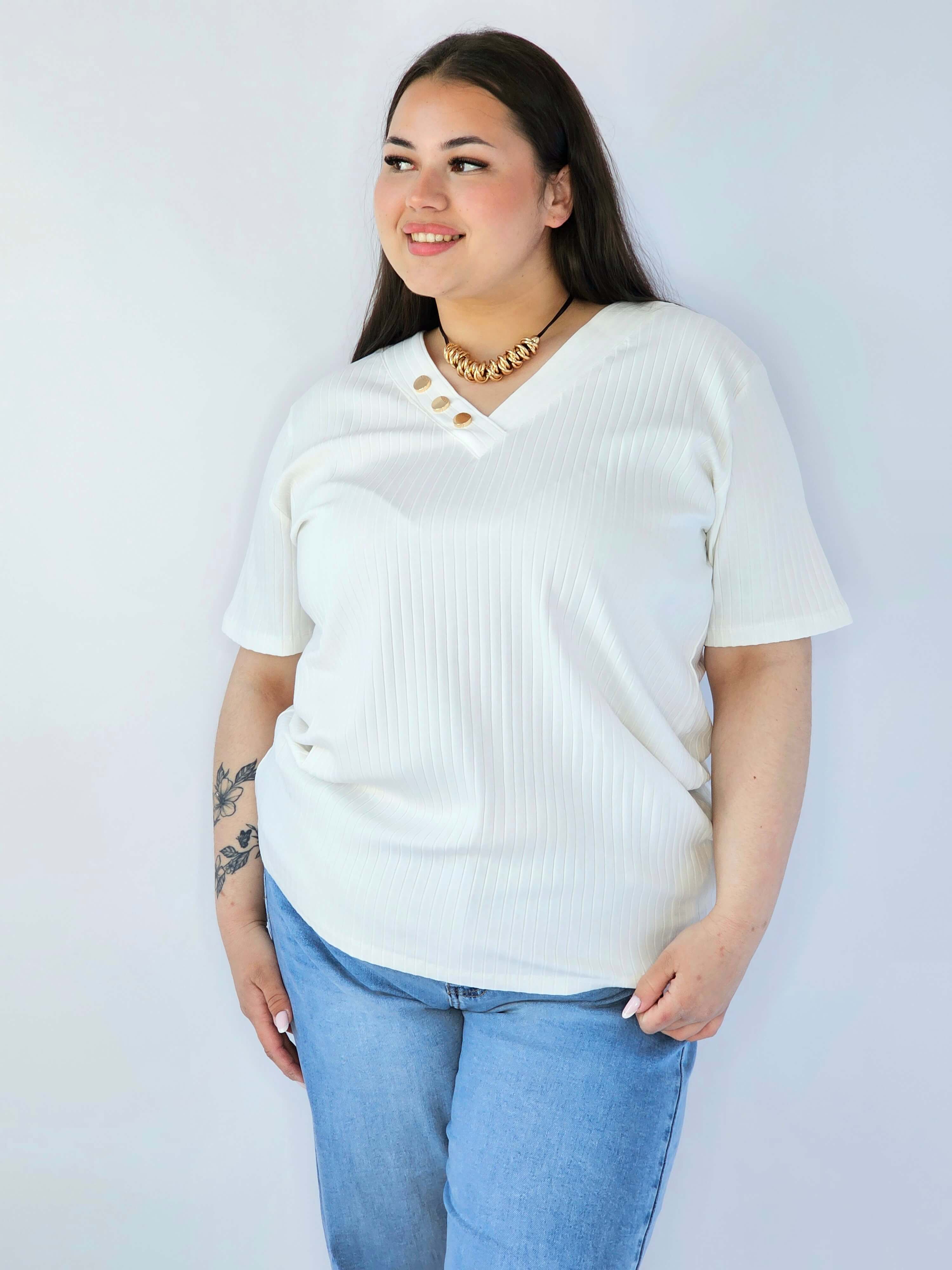 Bluzka Plus Size Z Dekoltem V I Ozdobnymi Guzikami Stylowa XL