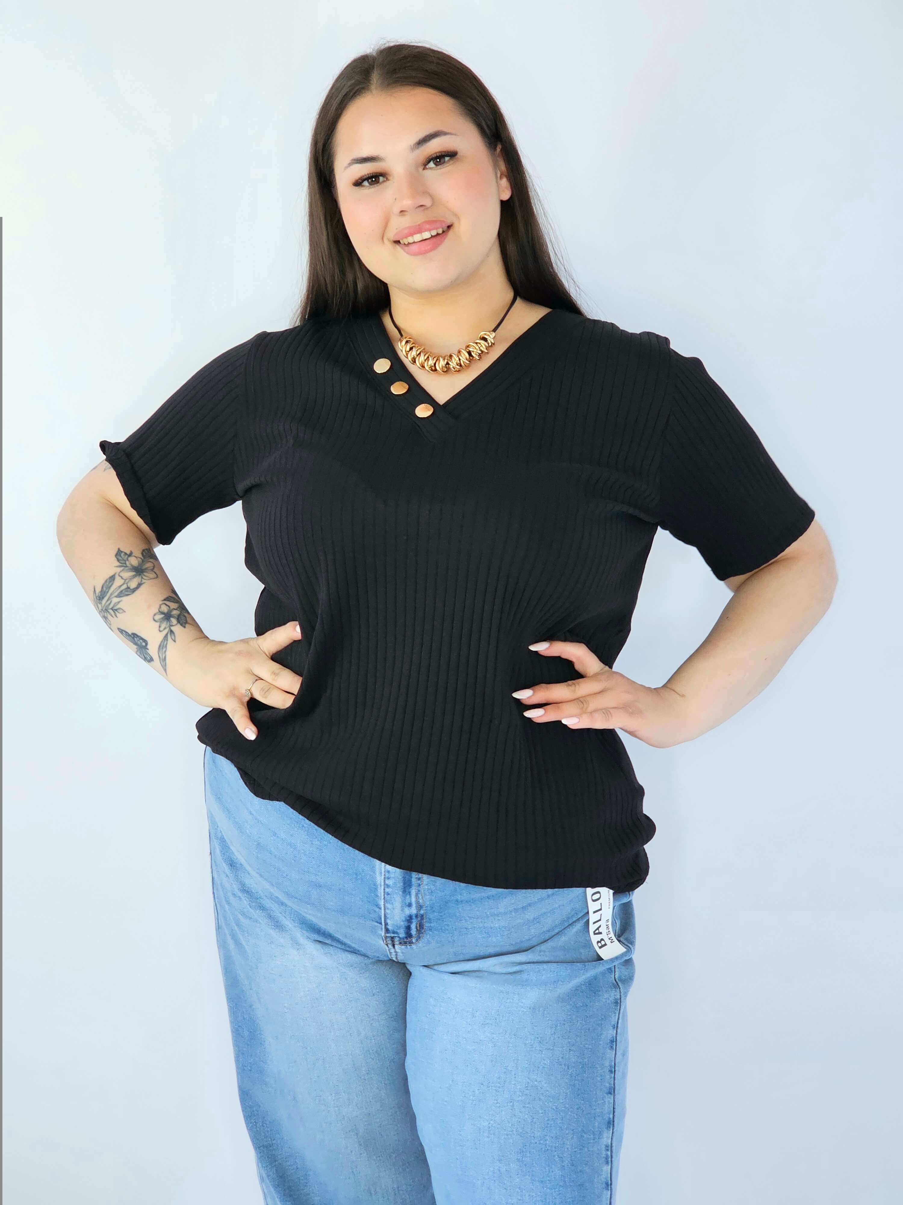 Bluzka Plus Size Z Dekoltem V I Ozdobnymi Guzikami Stylowa XL