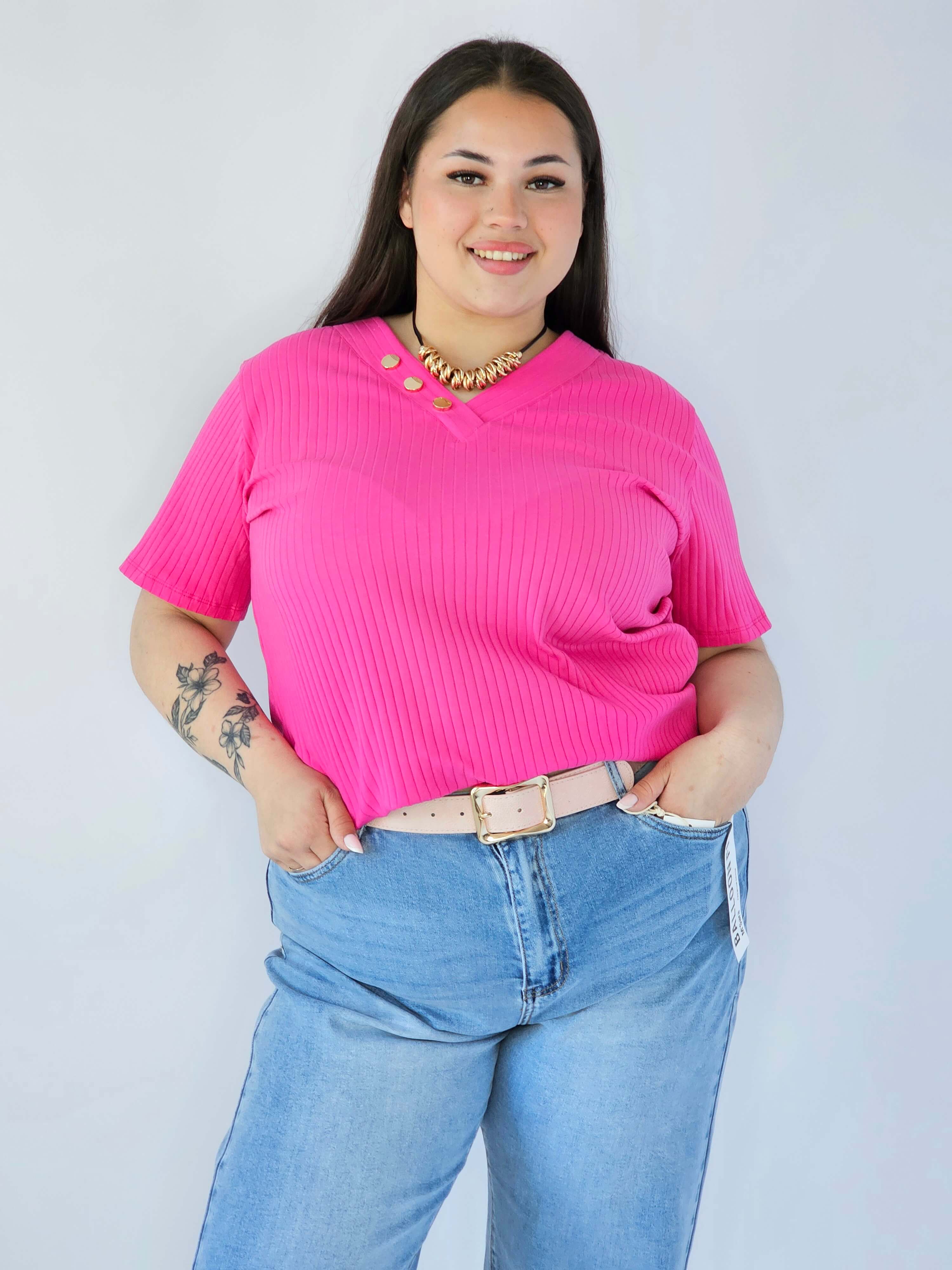 Bluzka Plus Size Z Dekoltem V I Ozdobnymi Guzikami Stylowa XL