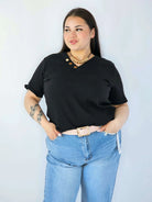 Bluzka Plus Size Z Dekoltem V I Ozdobnymi Guzikami Stylowa XL