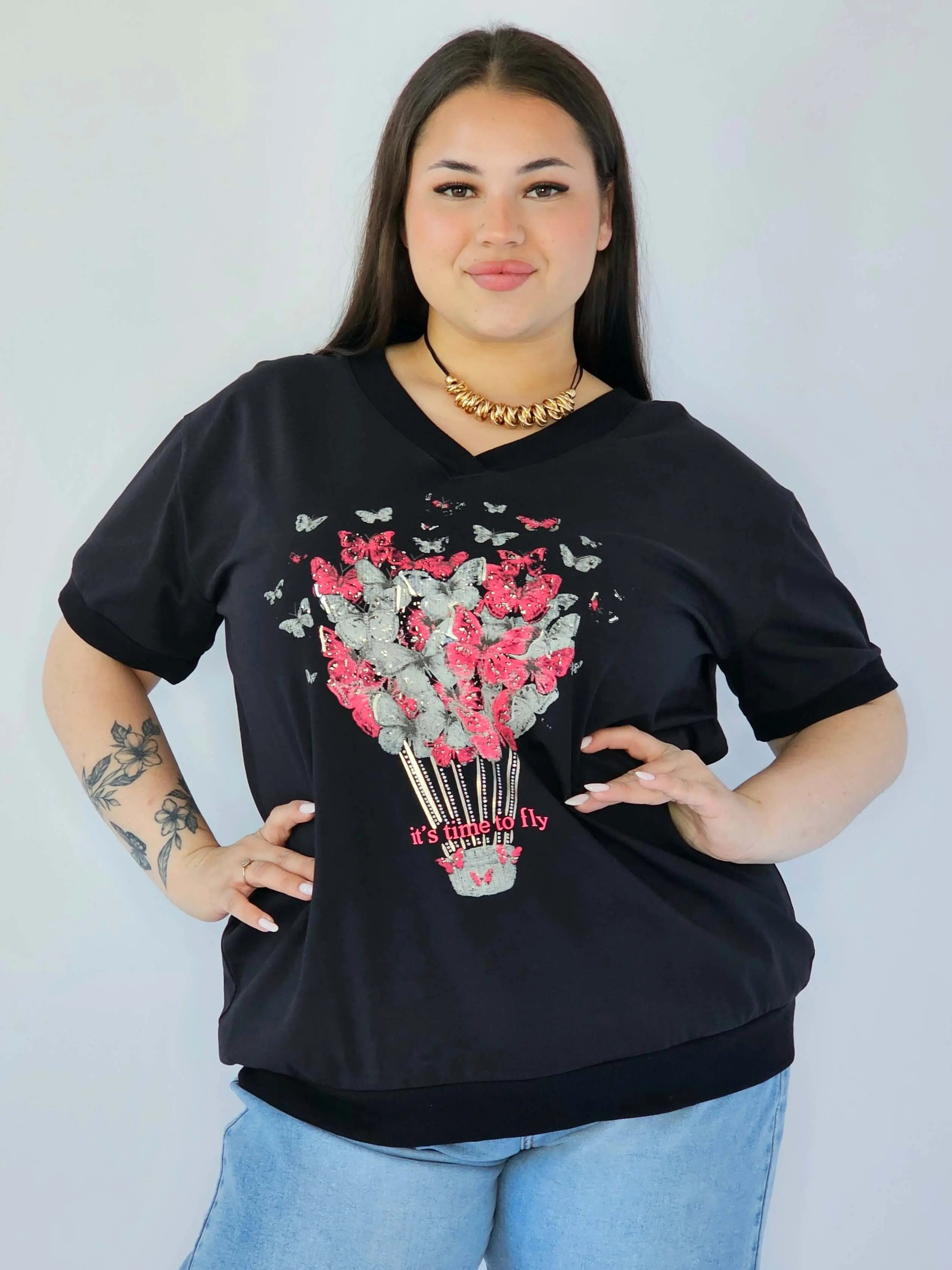 Bluzka Plus Size Z Dekoracyjnym Nadrukiem I Dekoltem V Stylowa XL