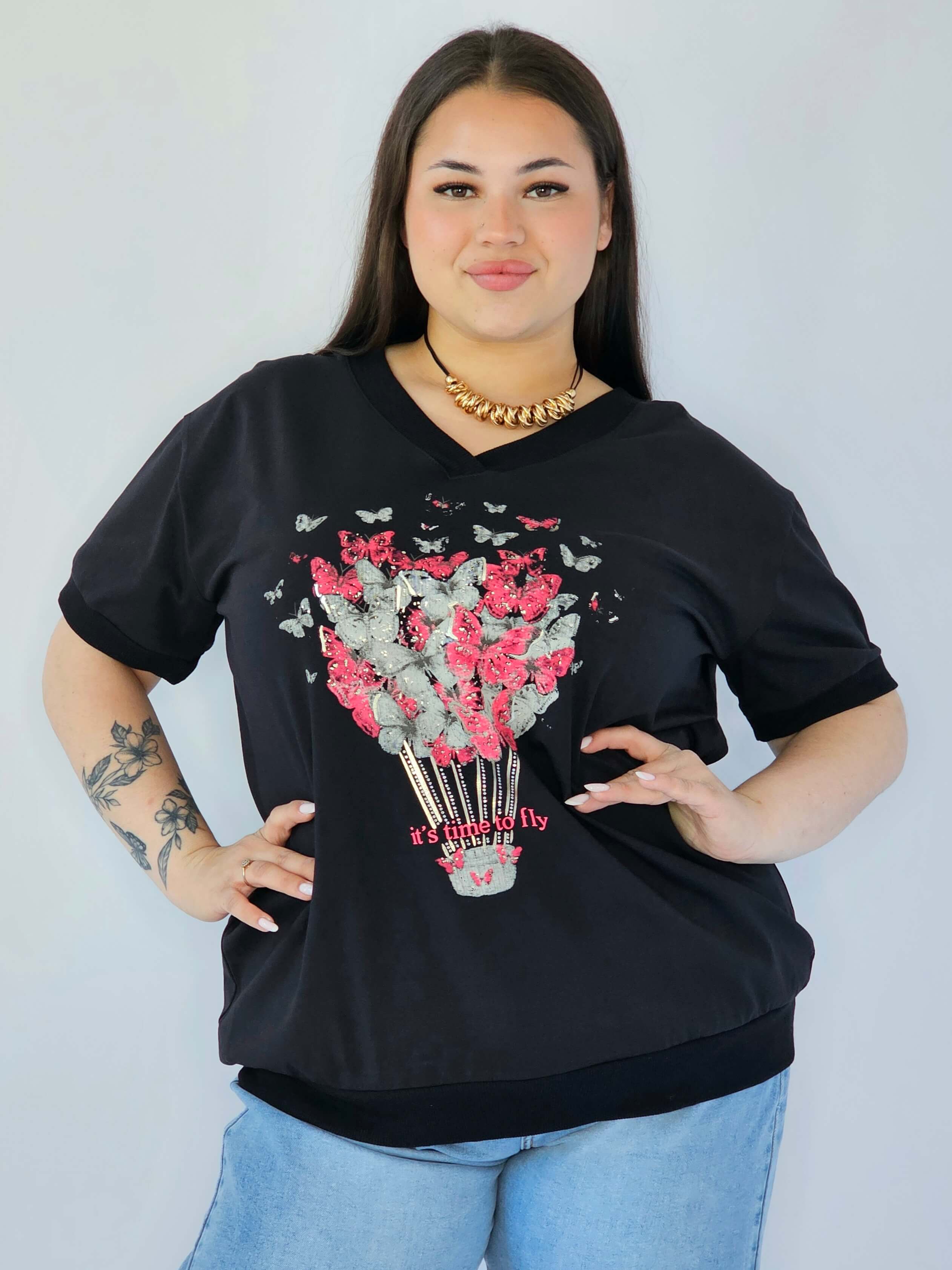 Bluzka Plus Size Z Dekoracyjnym Nadrukiem I Dekoltem V Stylowa XL