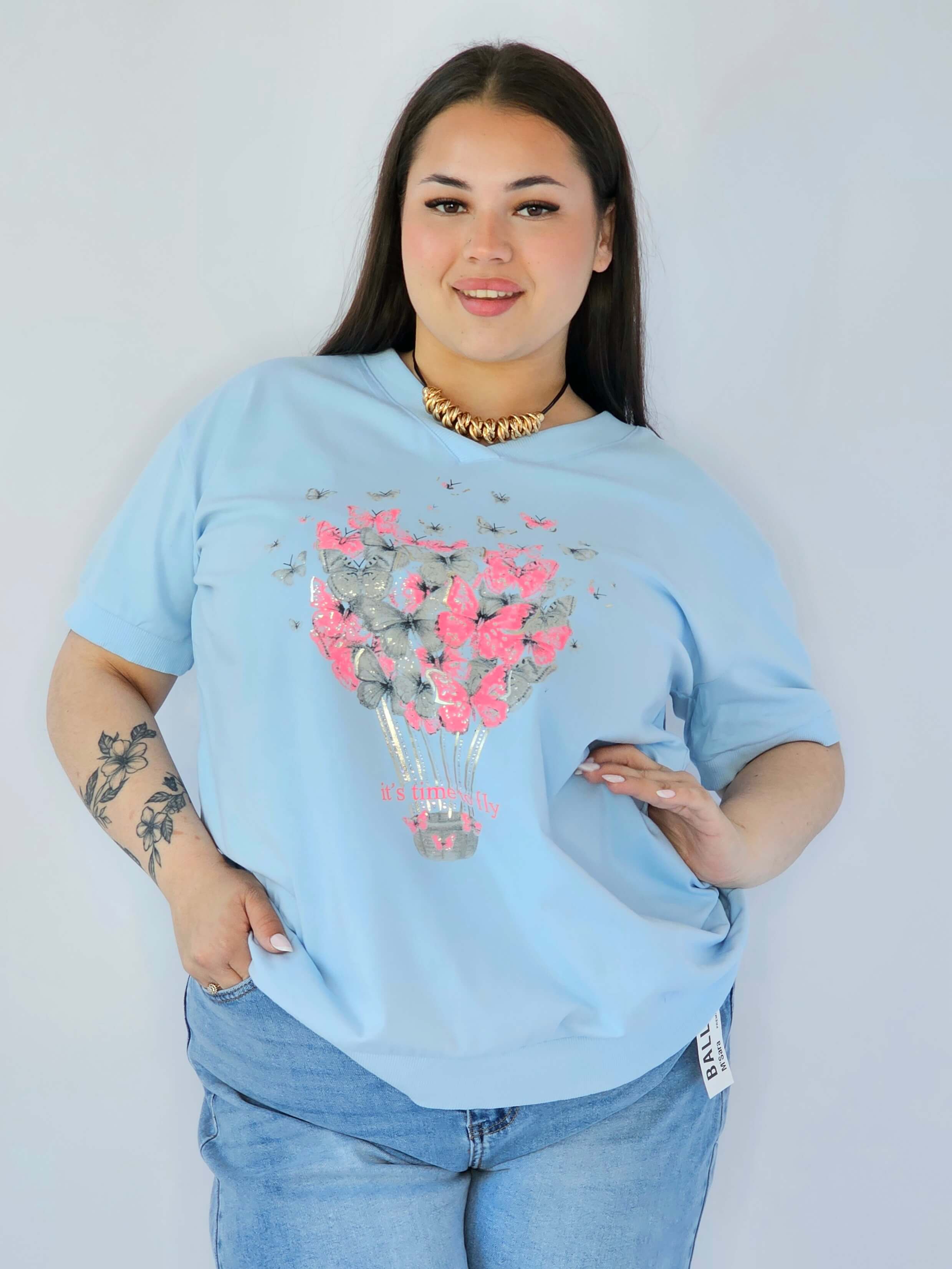 Bluzka Plus Size Z Dekoracyjnym Nadrukiem I Dekoltem V Stylowa XL