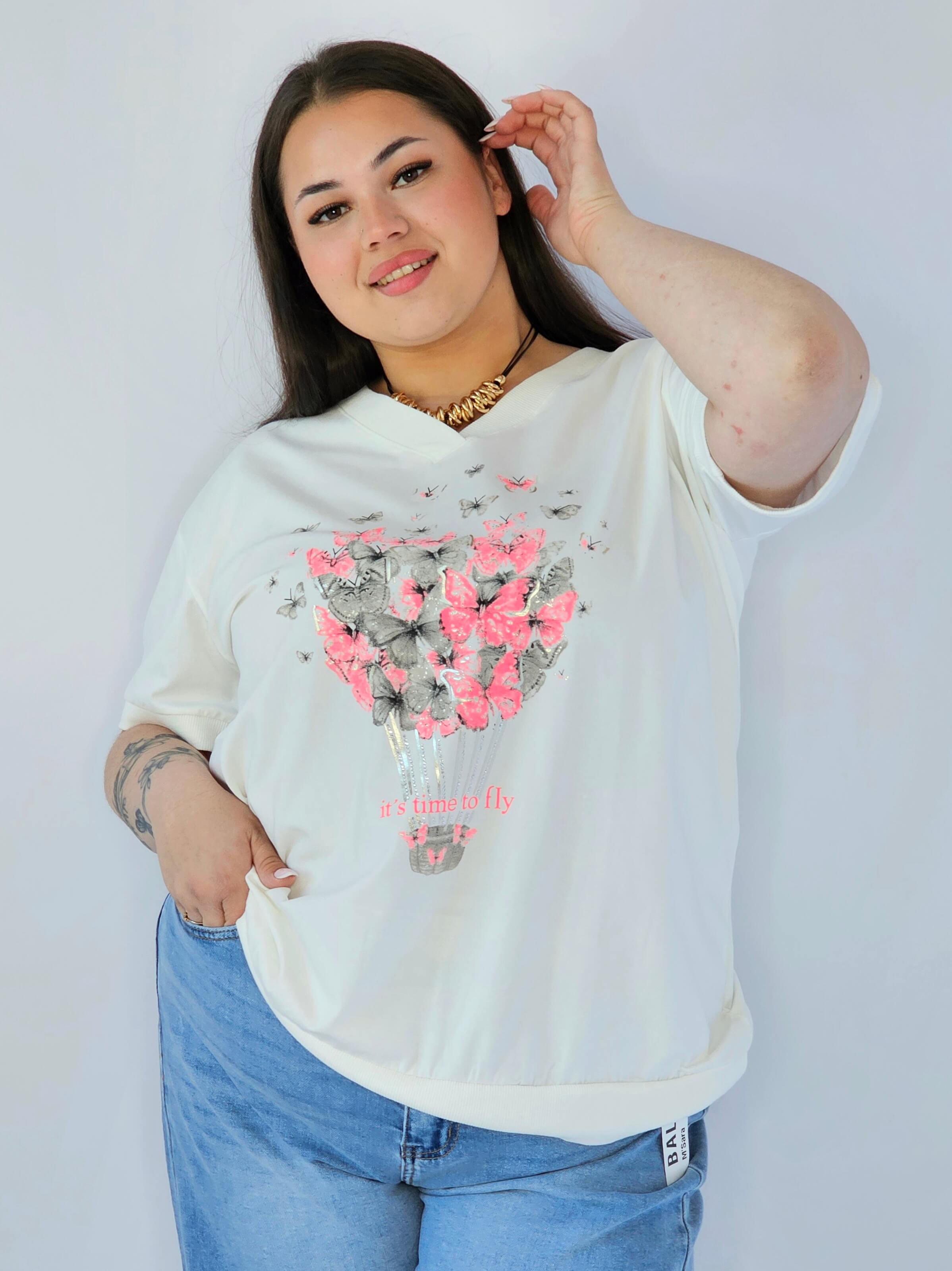 Bluzka Plus Size Z Dekoracyjnym Nadrukiem I Dekoltem V Stylowa XL