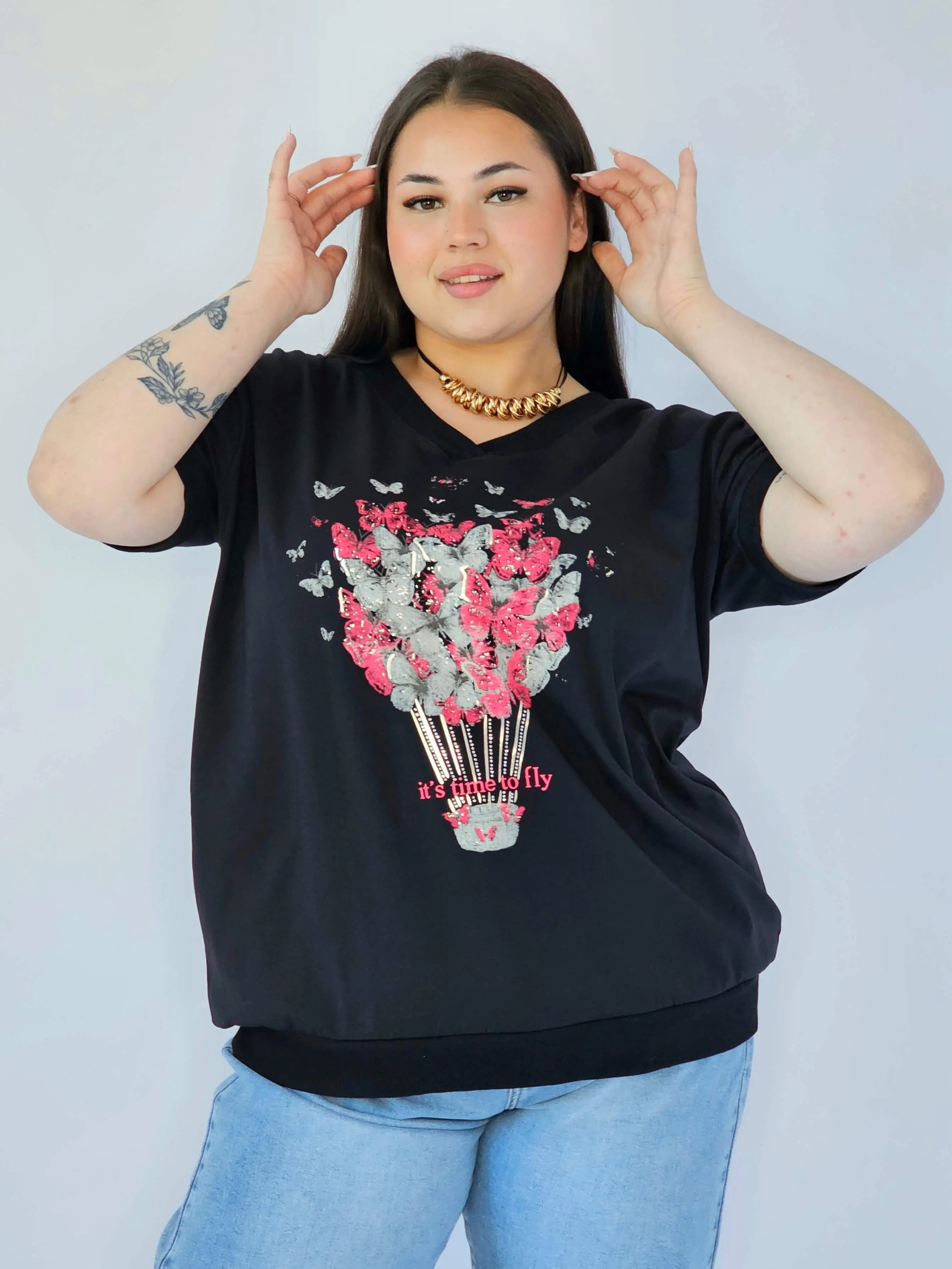 Bluzka Plus Size Z Dekoracyjnym Nadrukiem I Dekoltem V Stylowa XL