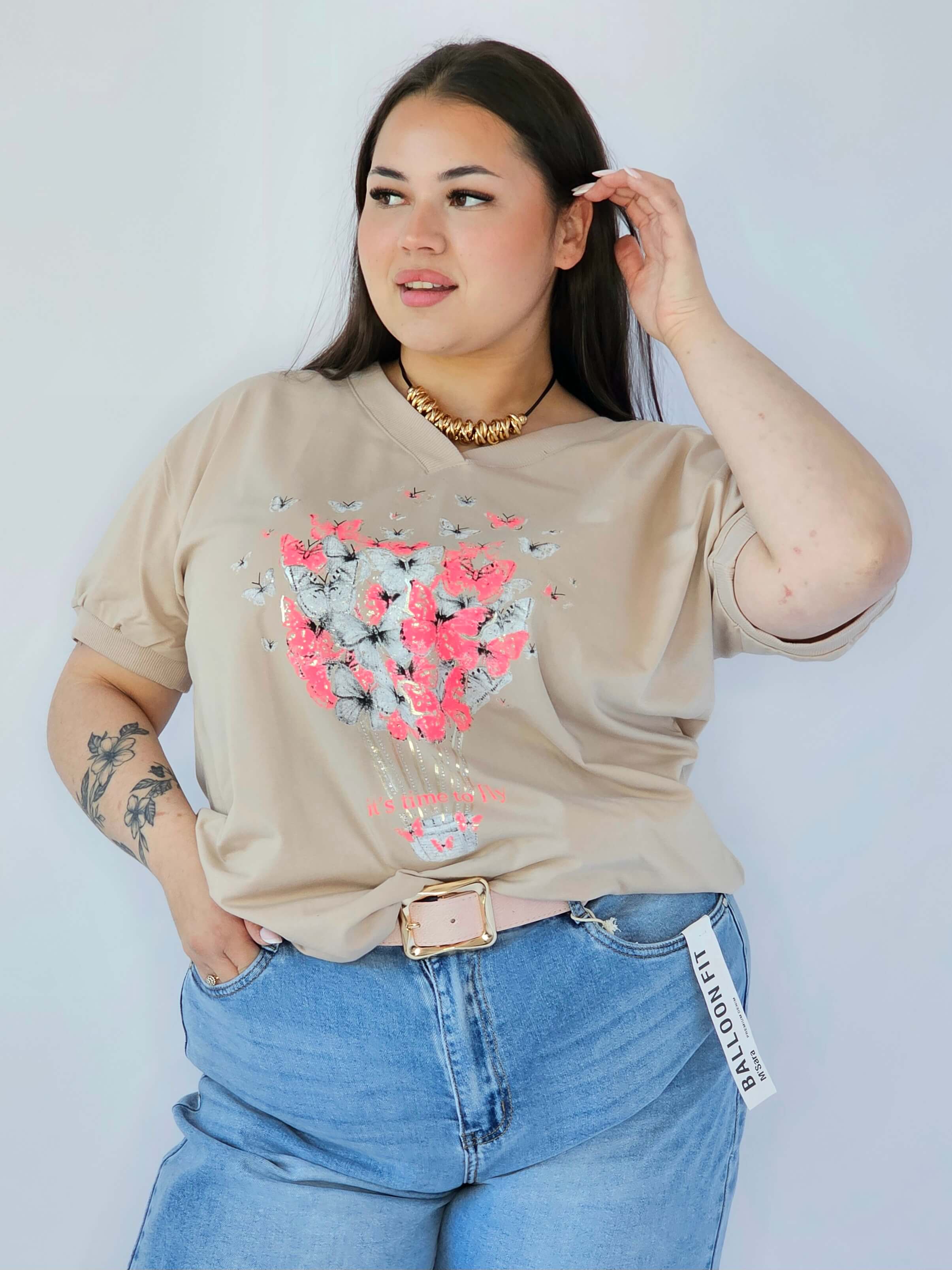 Bluzka Plus Size Z Dekoracyjnym Nadrukiem I Dekoltem V Stylowa XL