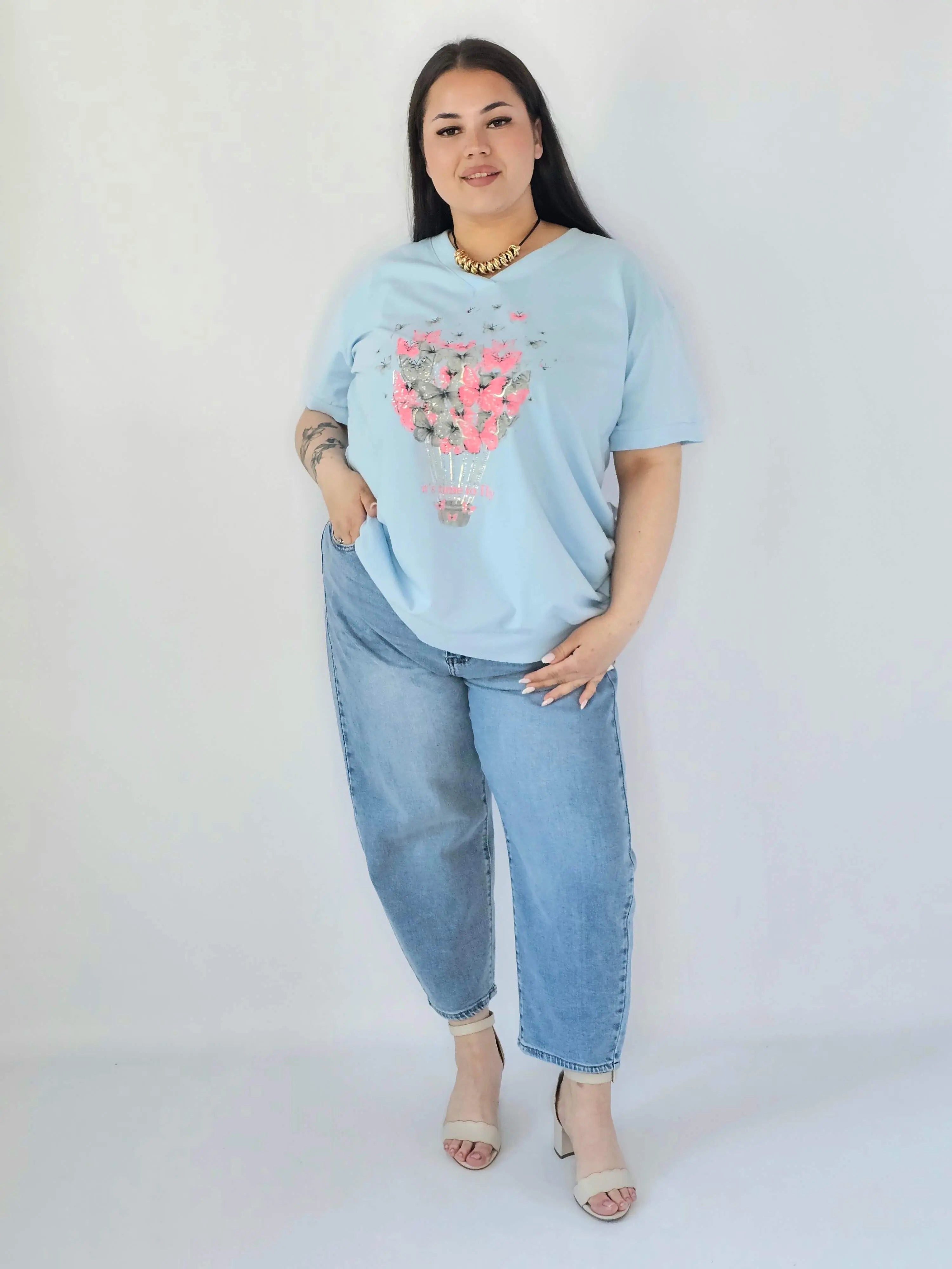Bluzka Plus Size Z Dekoracyjnym Nadrukiem I Dekoltem V Stylowa XL