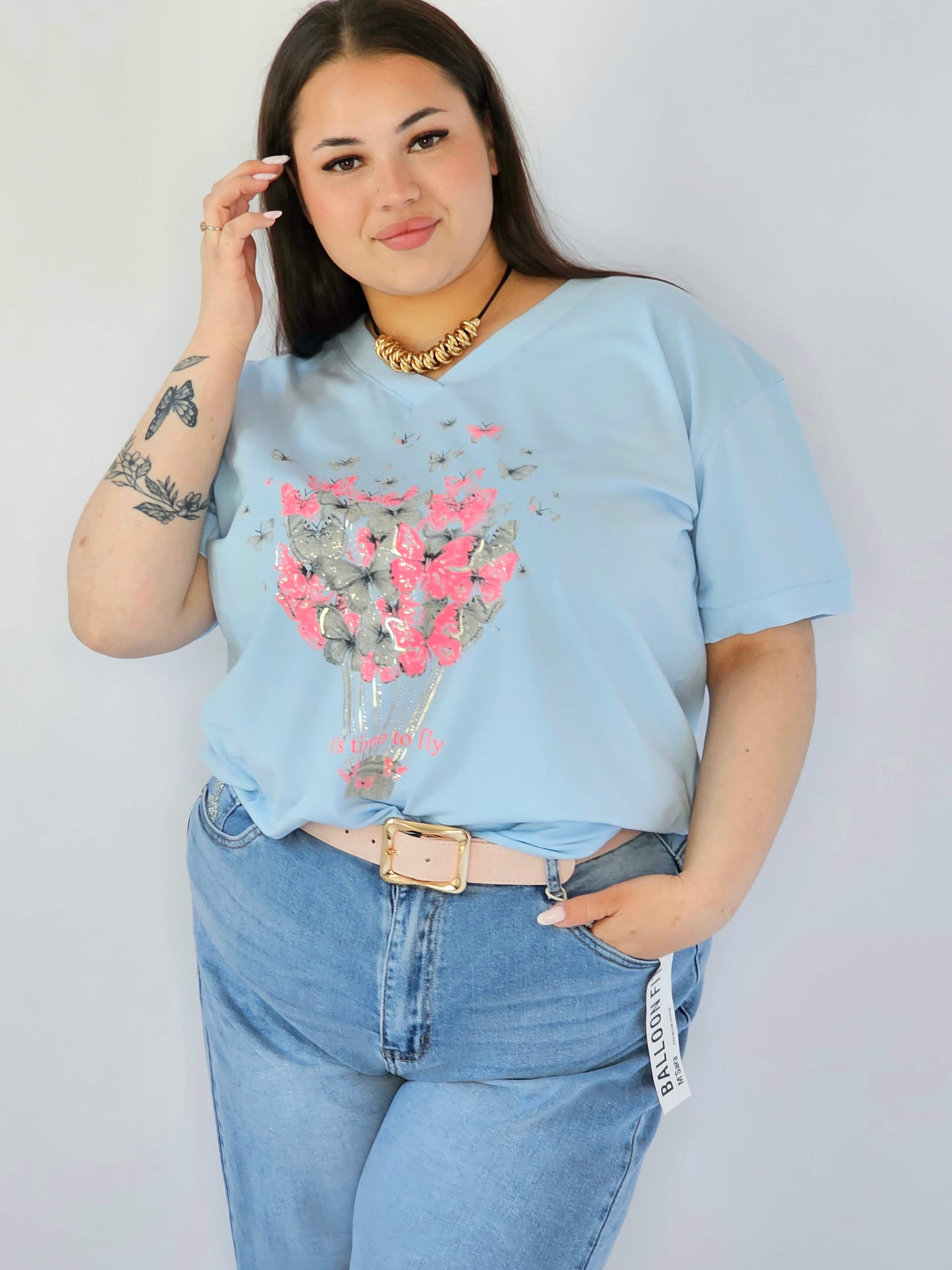 Bluzka Plus Size Z Dekoracyjnym Nadrukiem I Dekoltem V Stylowa XL