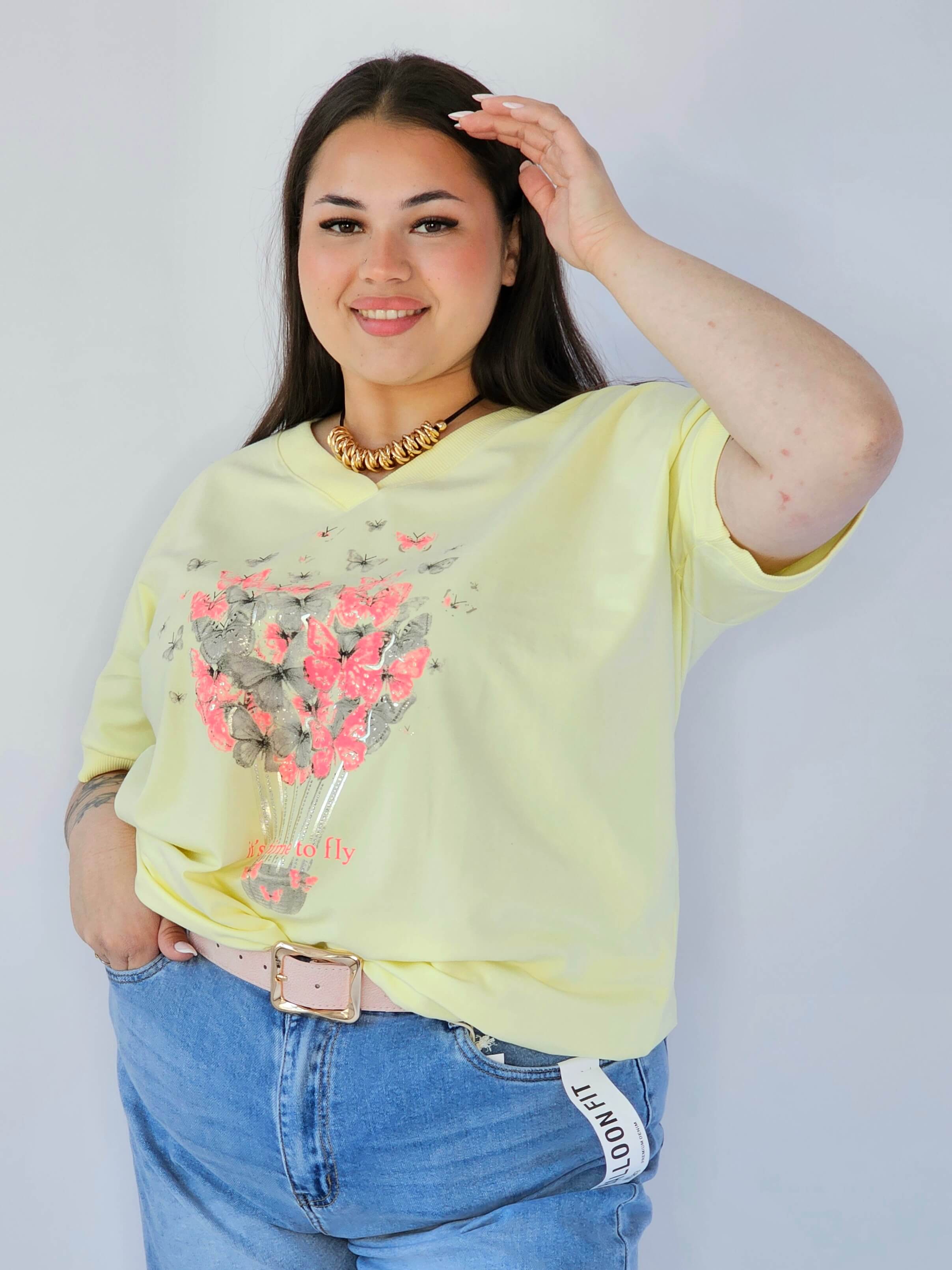 Bluzka Plus Size Z Dekoracyjnym Nadrukiem I Dekoltem V Stylowa XL