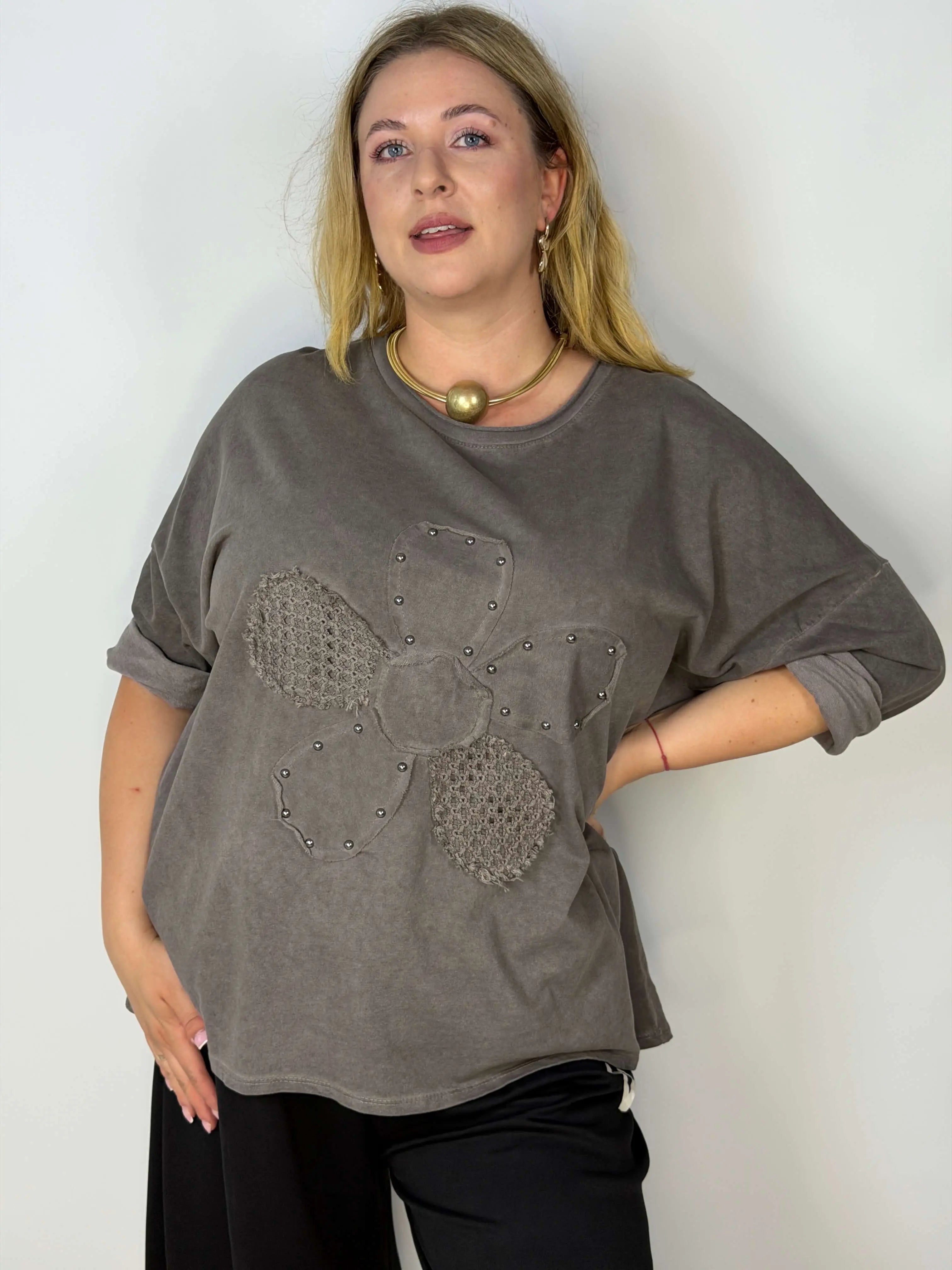Bluzka damska Plus Size z ozdobnym kwiatem 3D Stylowa XL