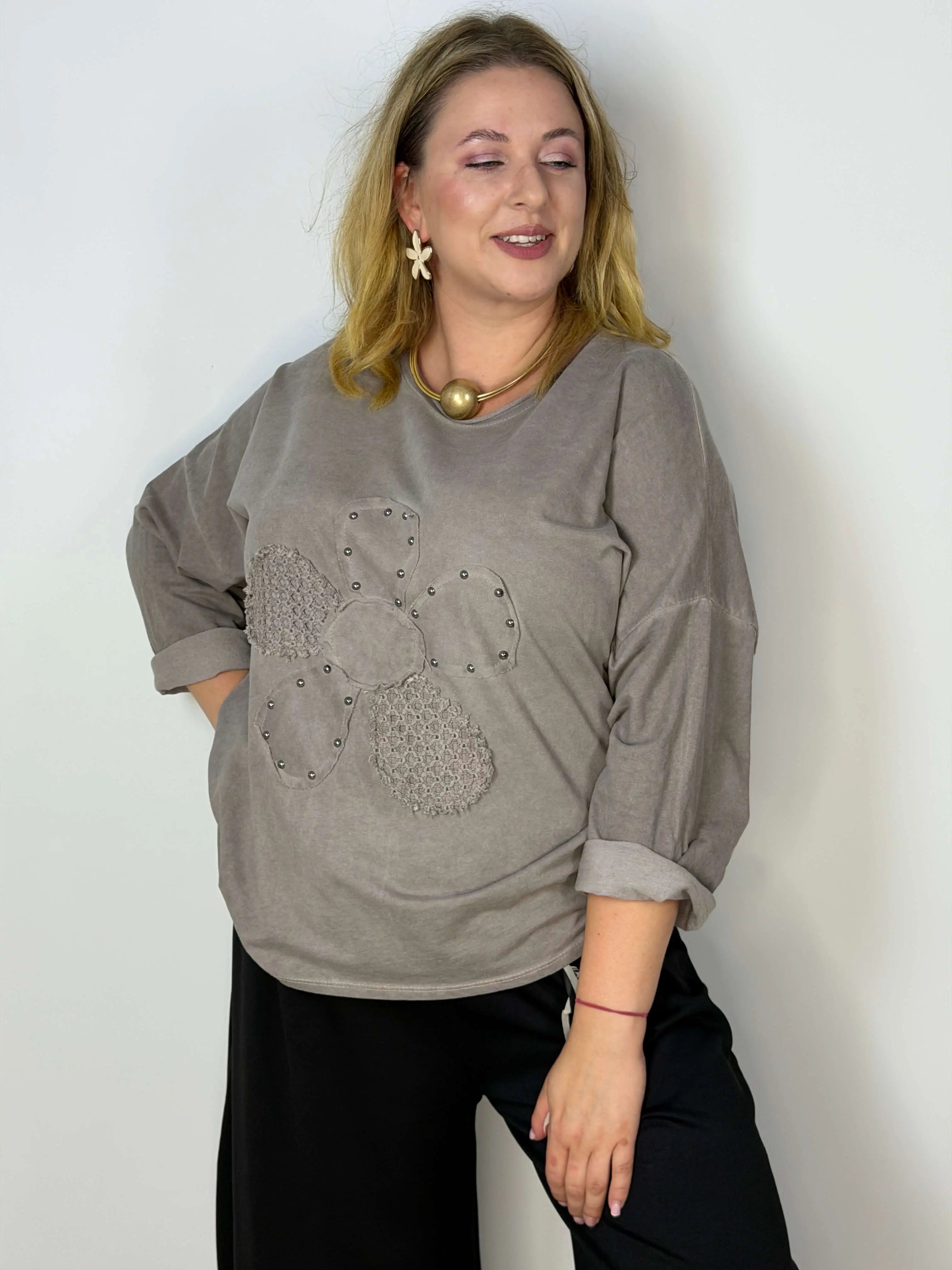 Bluzka damska Plus Size z ozdobnym kwiatem 3D Stylowa XL
