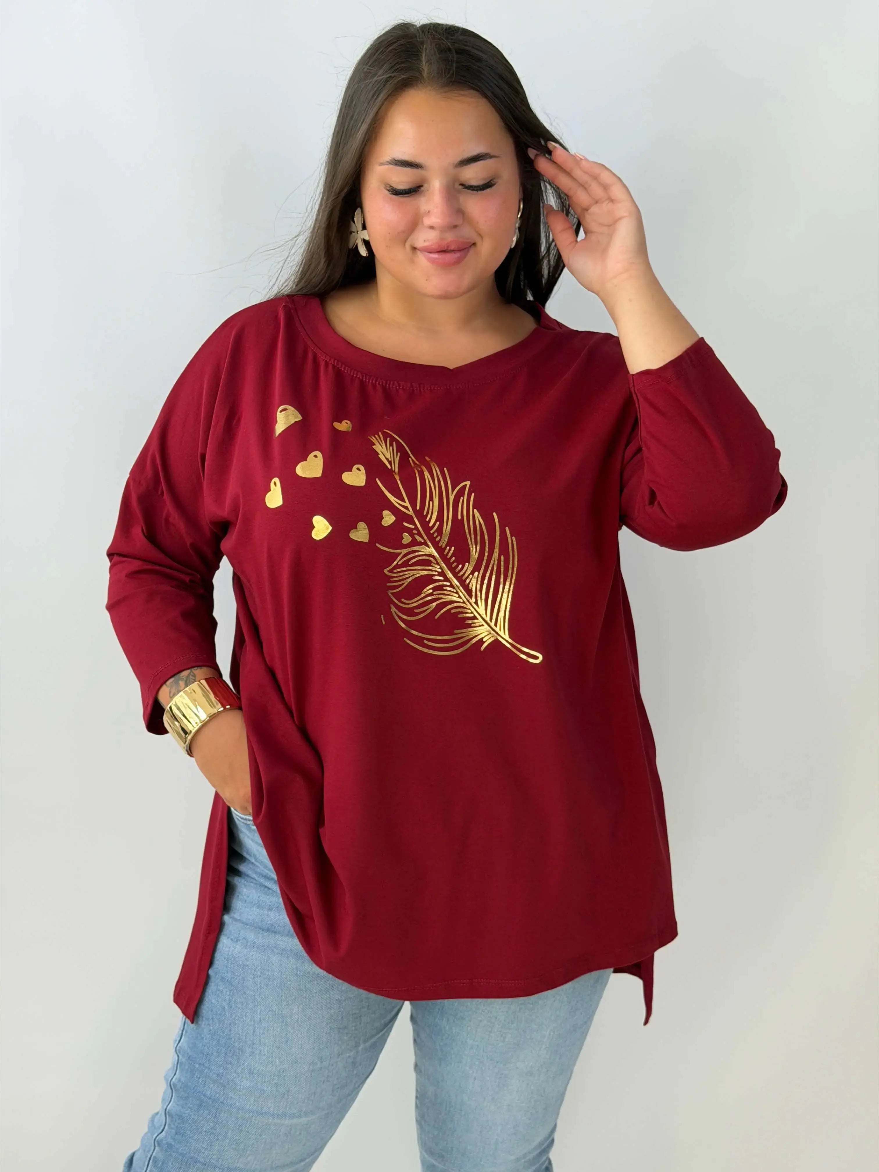 Bluzka damska Plus Size z ozdobnym złotym nadrukiem – bawełniana Stylowa XL