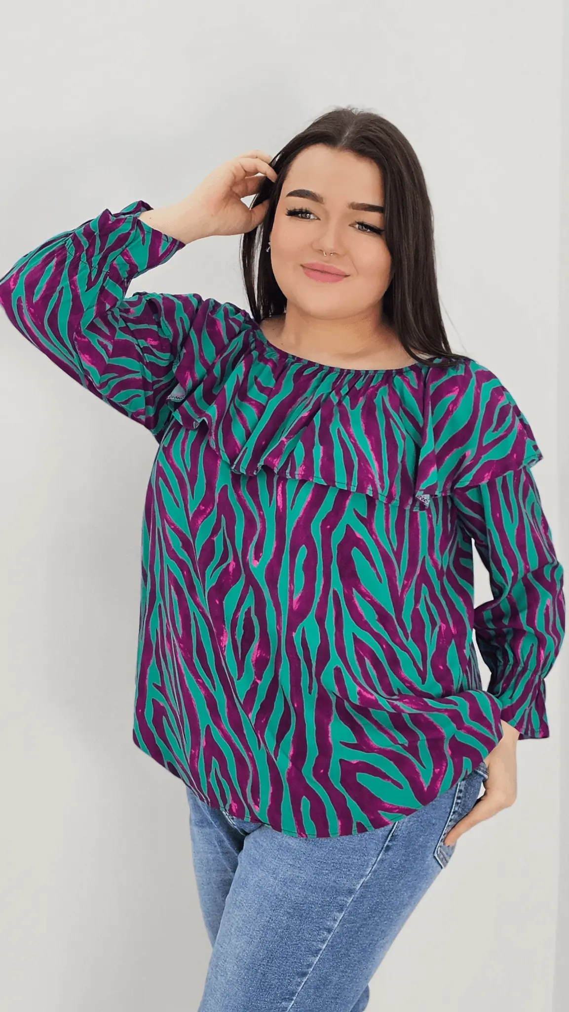 Bluzka hiszpanka z wzorem po całości -fiolet Stylowa XL