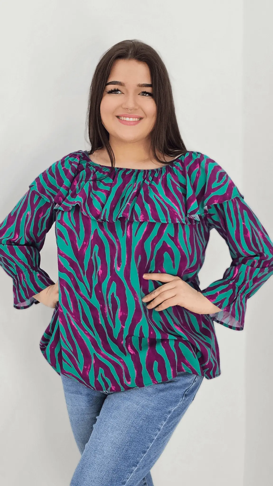 Bluzka hiszpanka z wzorem po całości -fiolet Stylowa XL