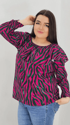 Bluzka hiszpanka z wzorem po całości -fuksja Stylowa XL