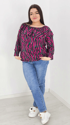 Bluzka hiszpanka z wzorem po całości -fuksja Stylowa XL