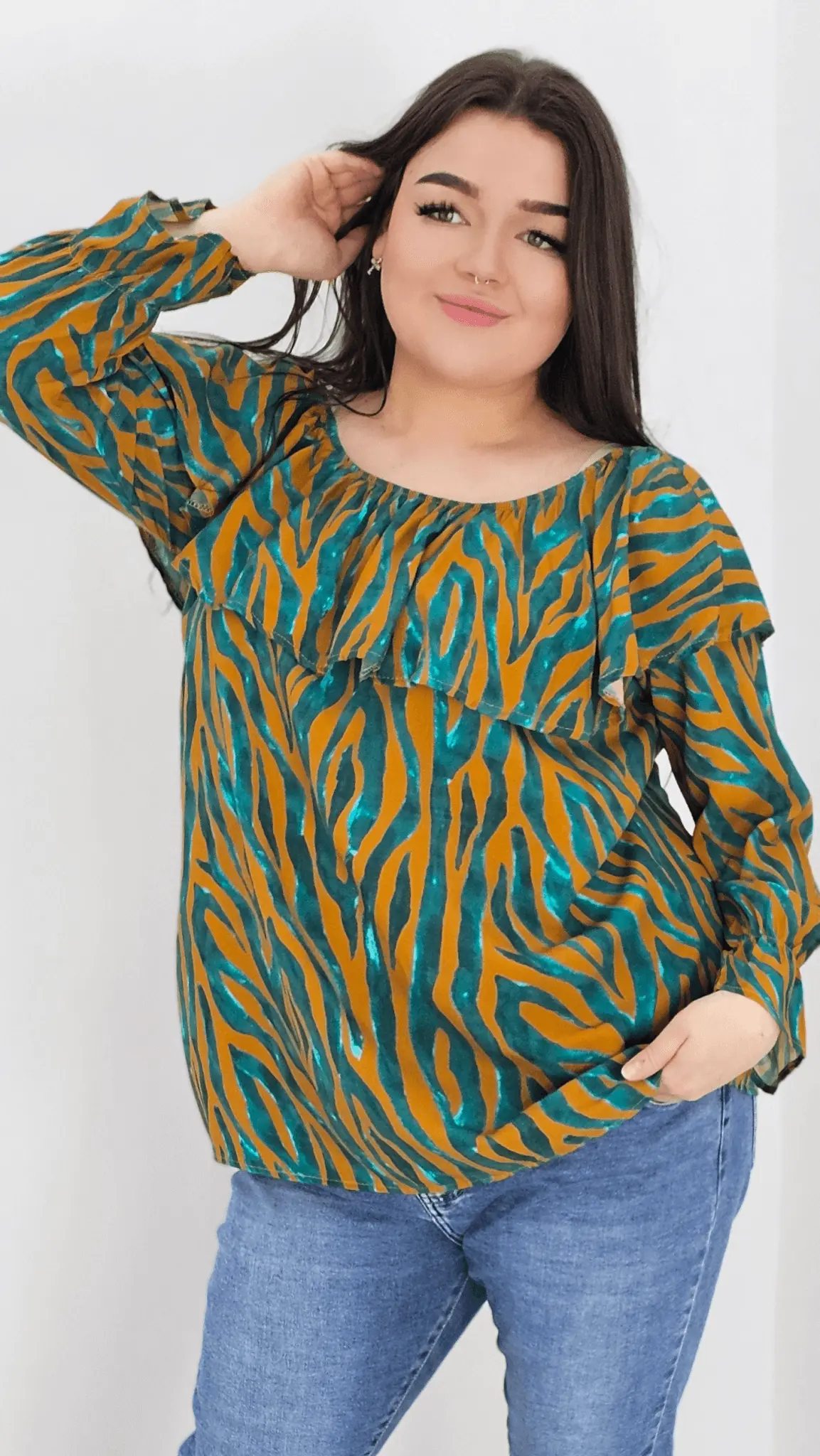 Bluzka hiszpanka z wzorem po całości -musztarda Stylowa XL